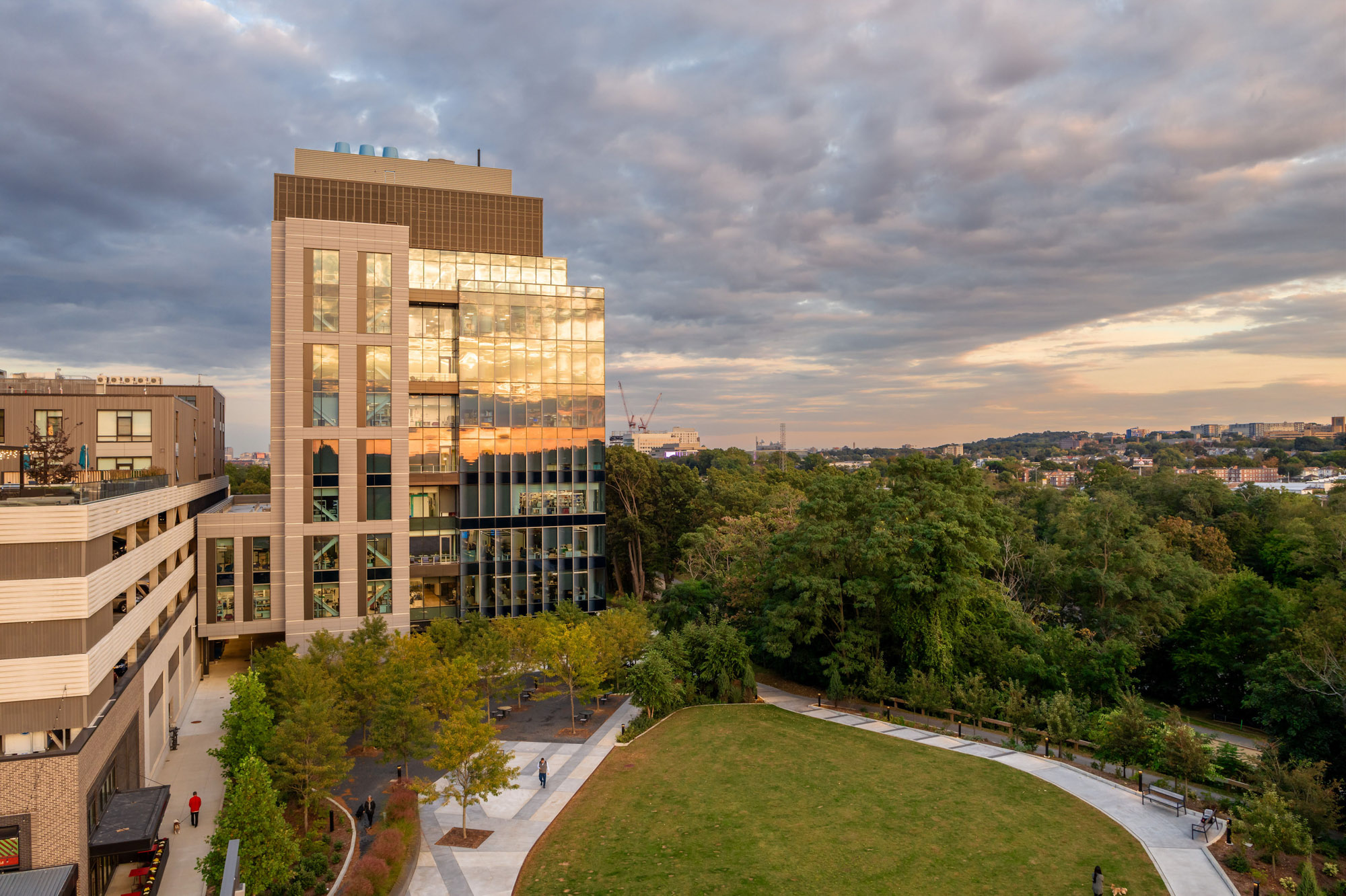 An aerial view of 100 Forge facing an outdoor plaza