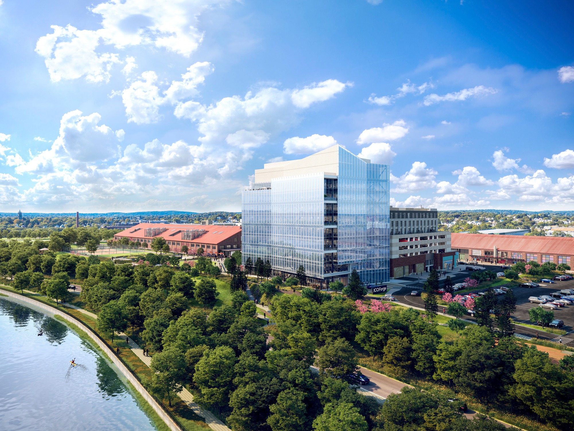 Exterior rending of 100 Forge for Boylston Properties with the river in the foreground.