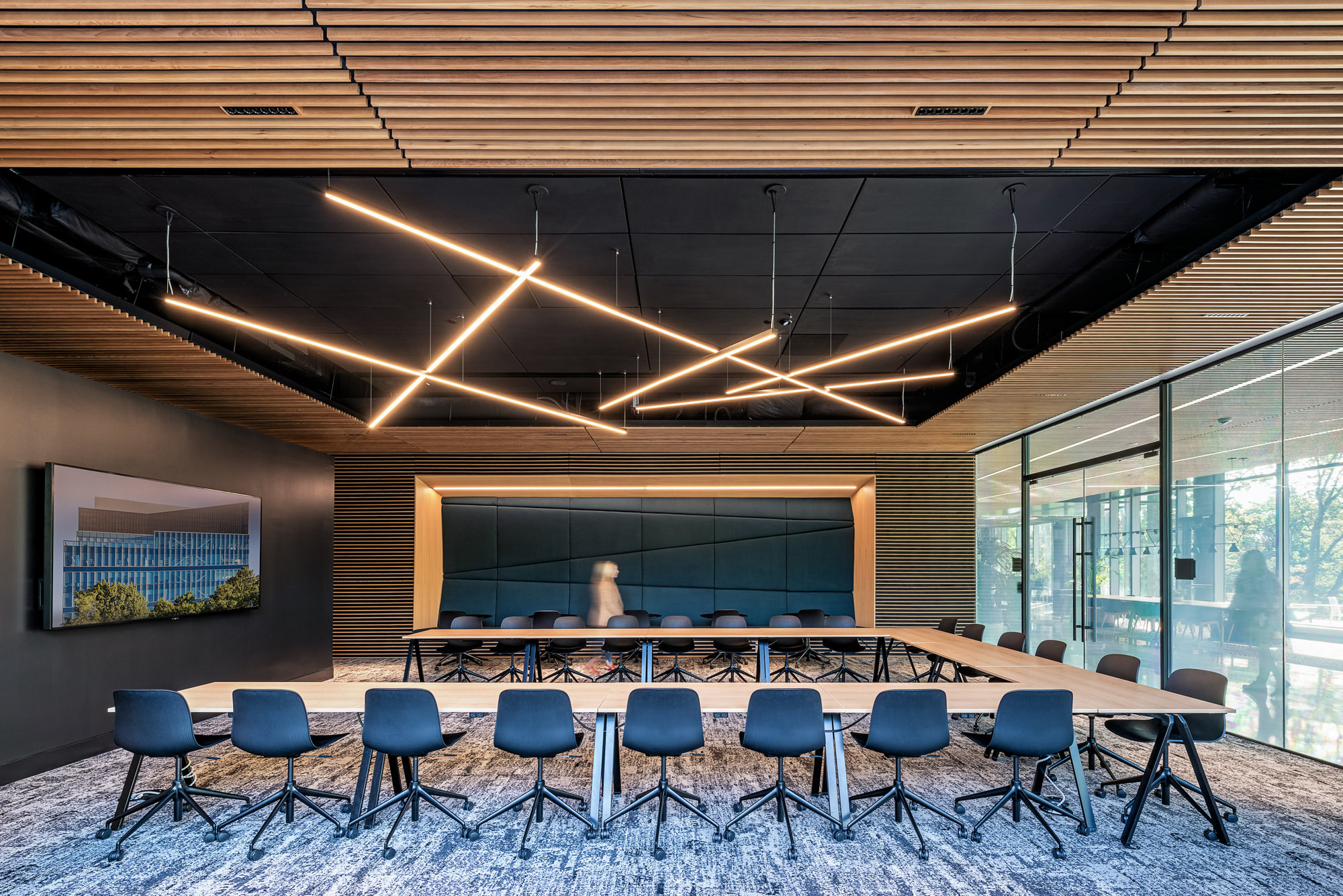 An events space at 100 Forge features a hydraulic door connecting to a neighboring park.