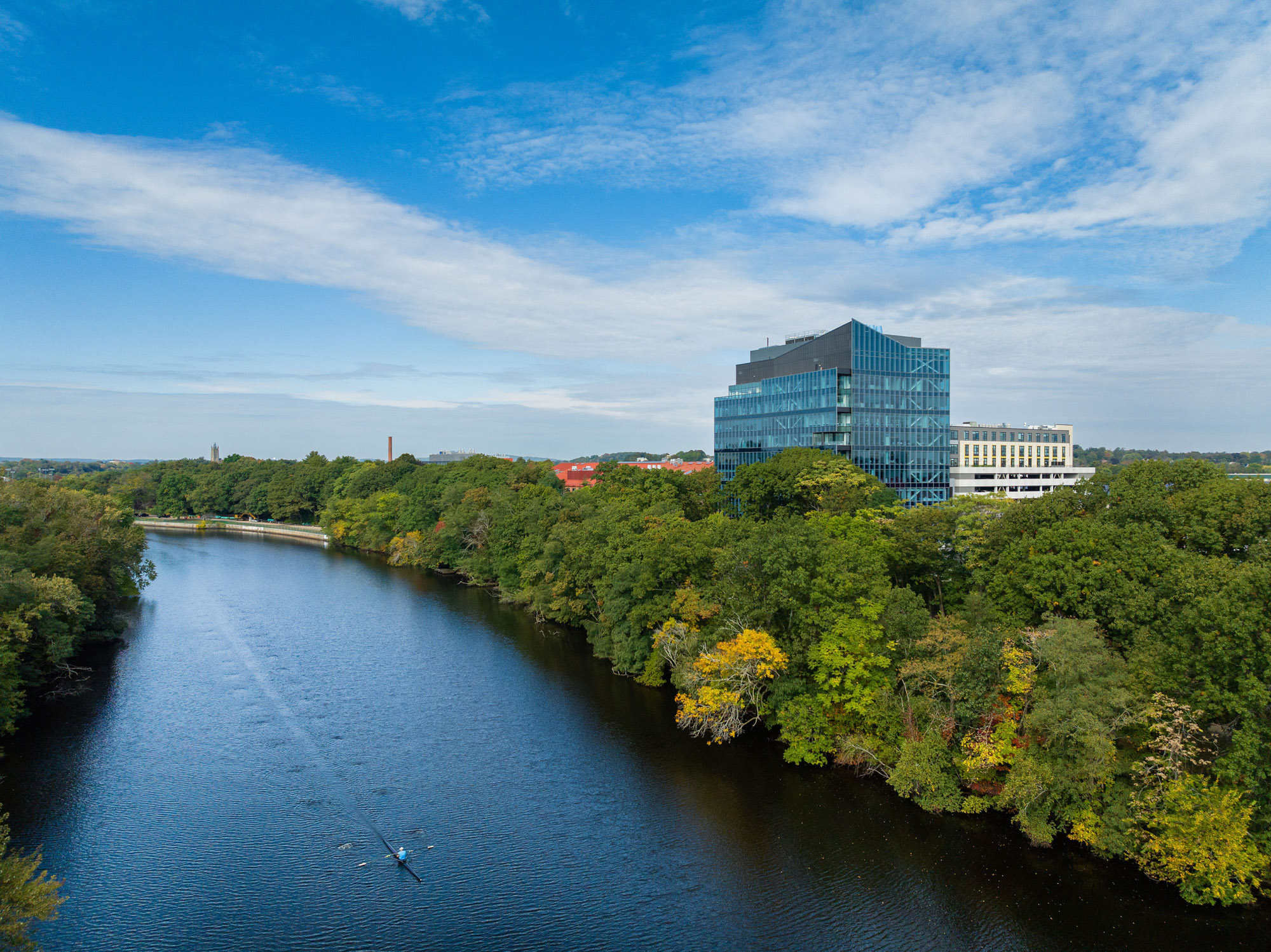 An aerial view of 100 Forge next to the Charles River