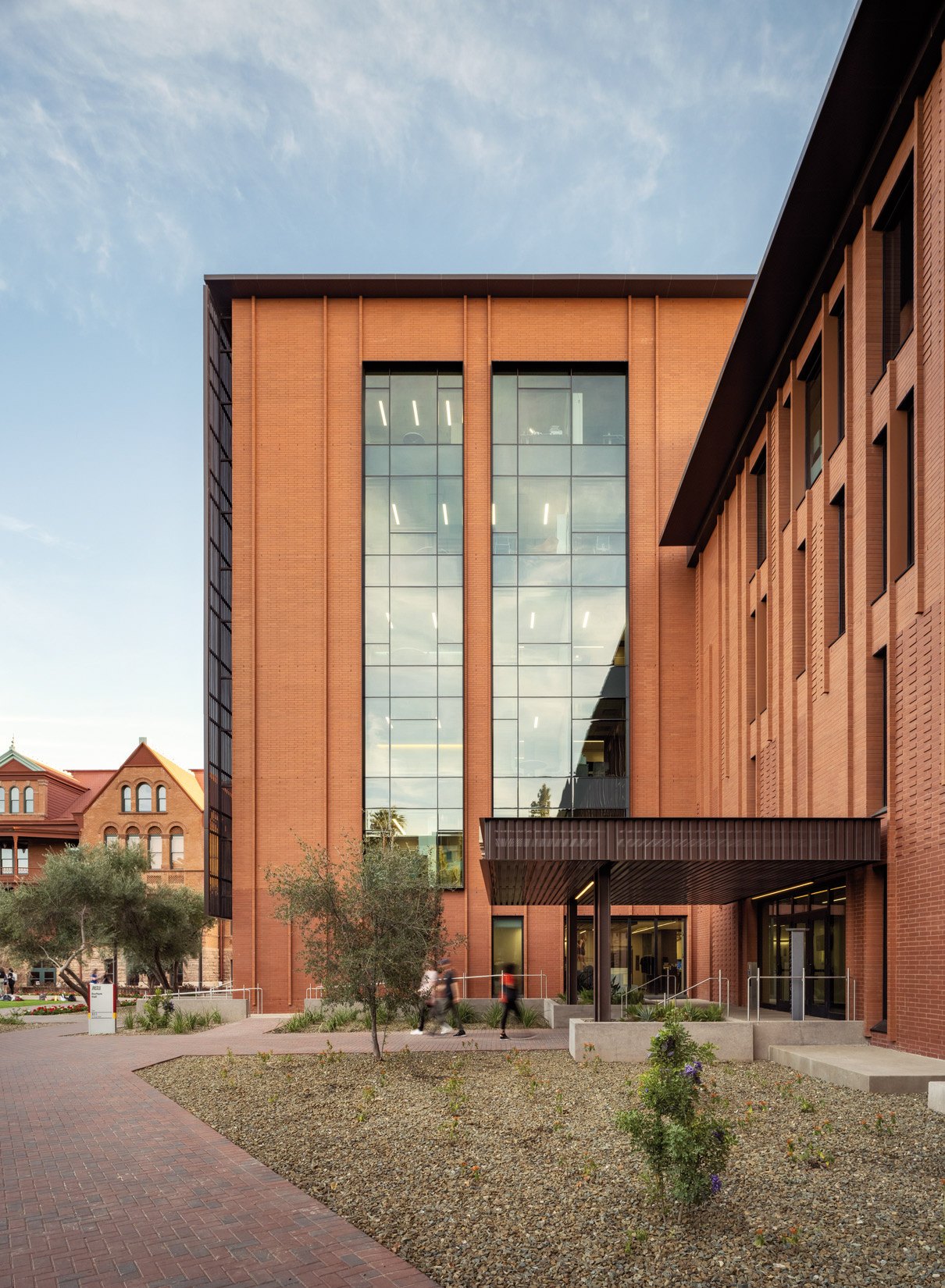 East entry at tower north elevation of Durham Hall on Alumni Lawn