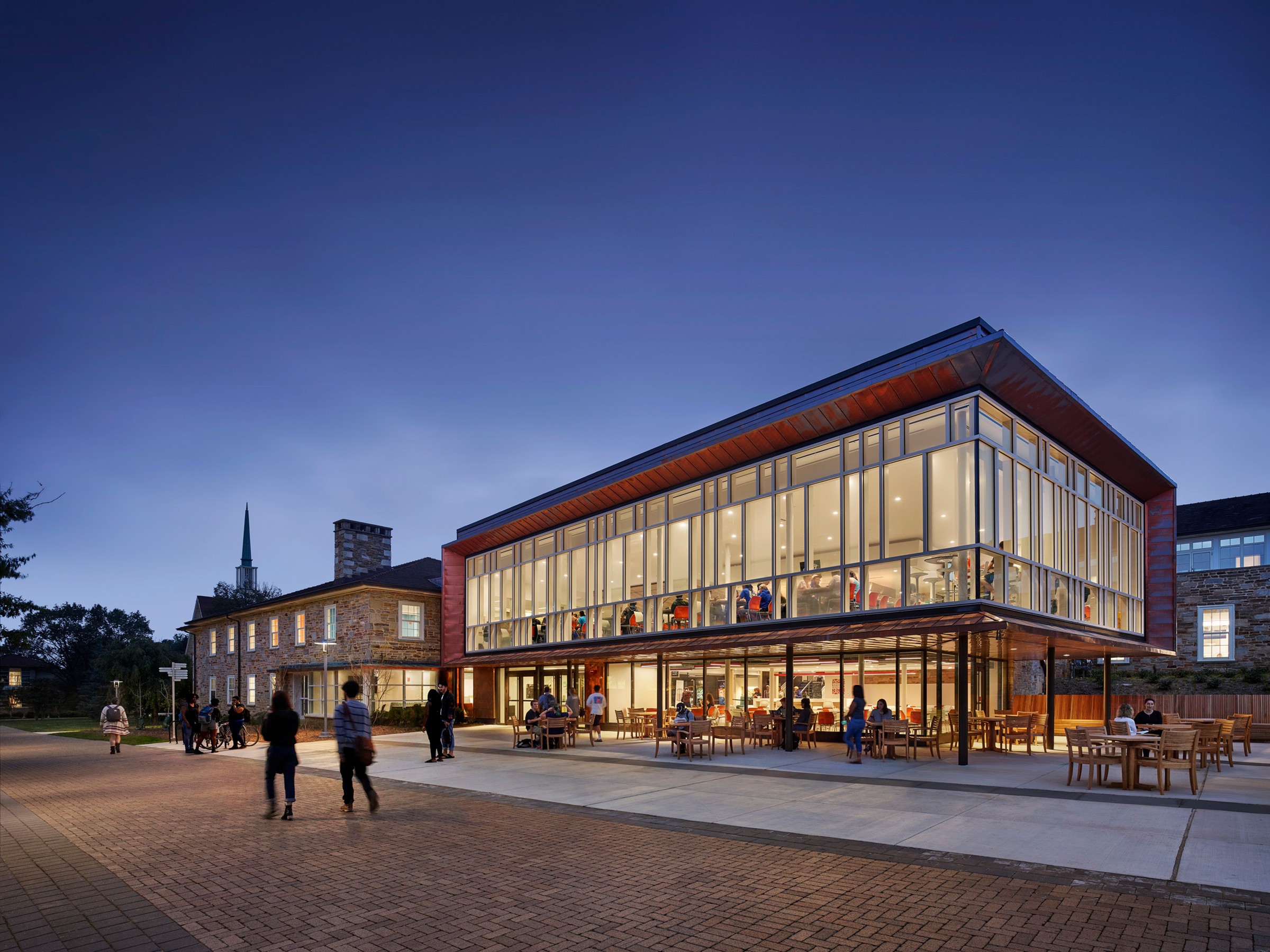 Exterior view at dusk of Mary Fisher Hall at Goucher College