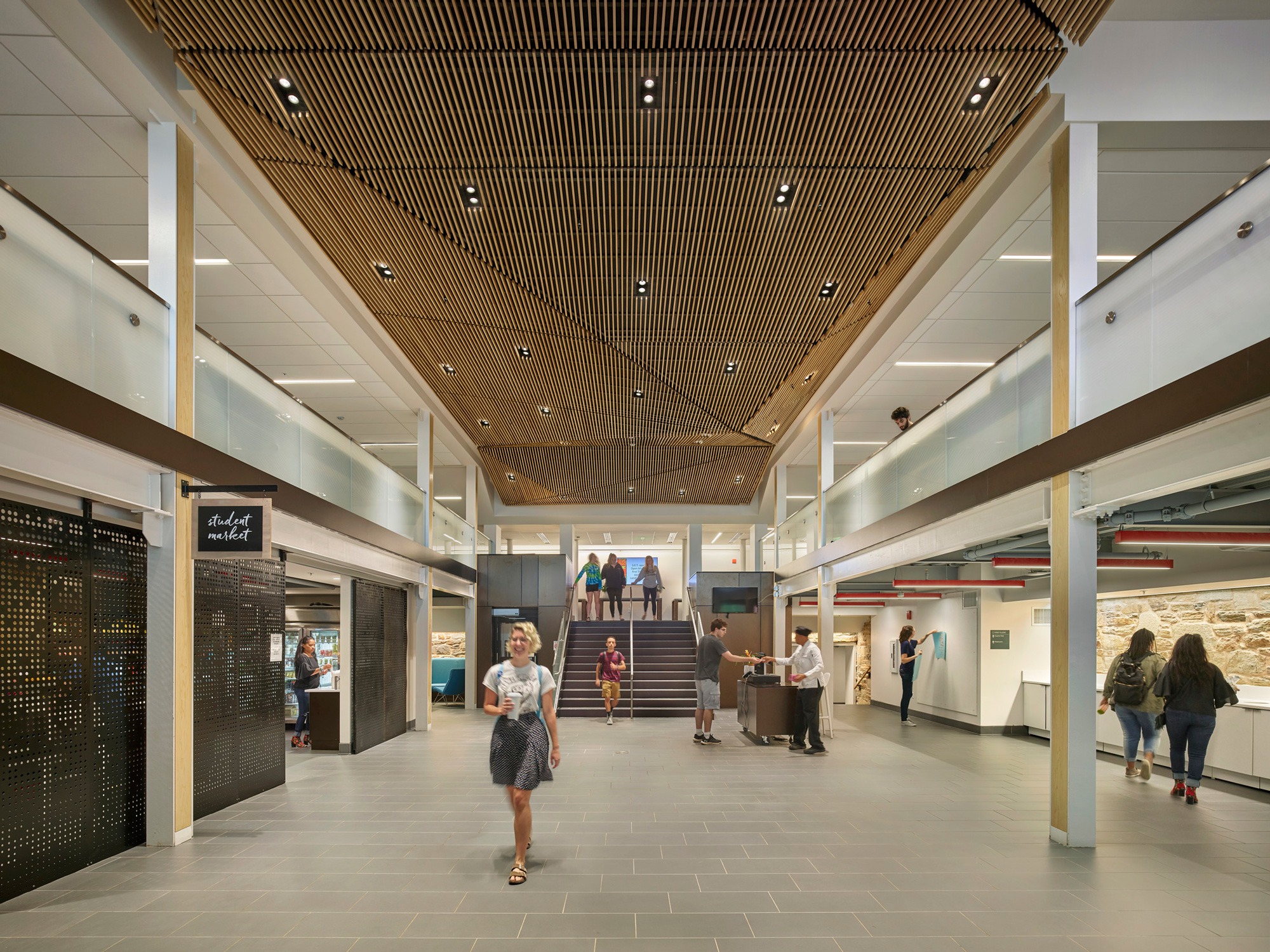 Sweeping wood ceiling in Mary Fisher Hall at Goucher College