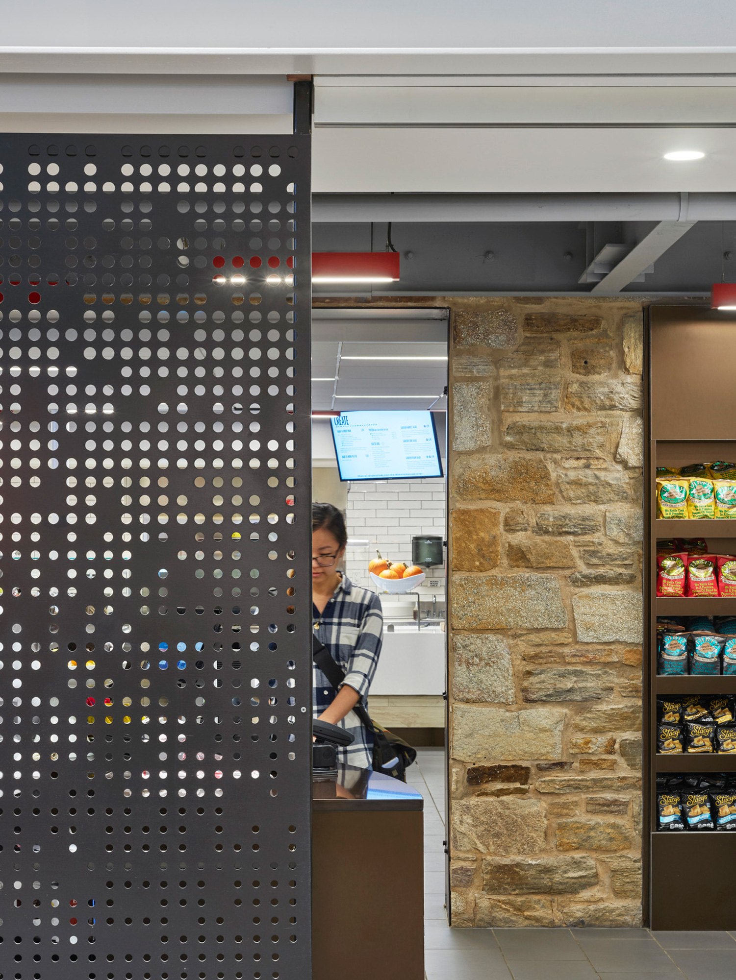 Detail showing Butler stone and contemporary interventions in Mary Fisher Hall at Goucher College