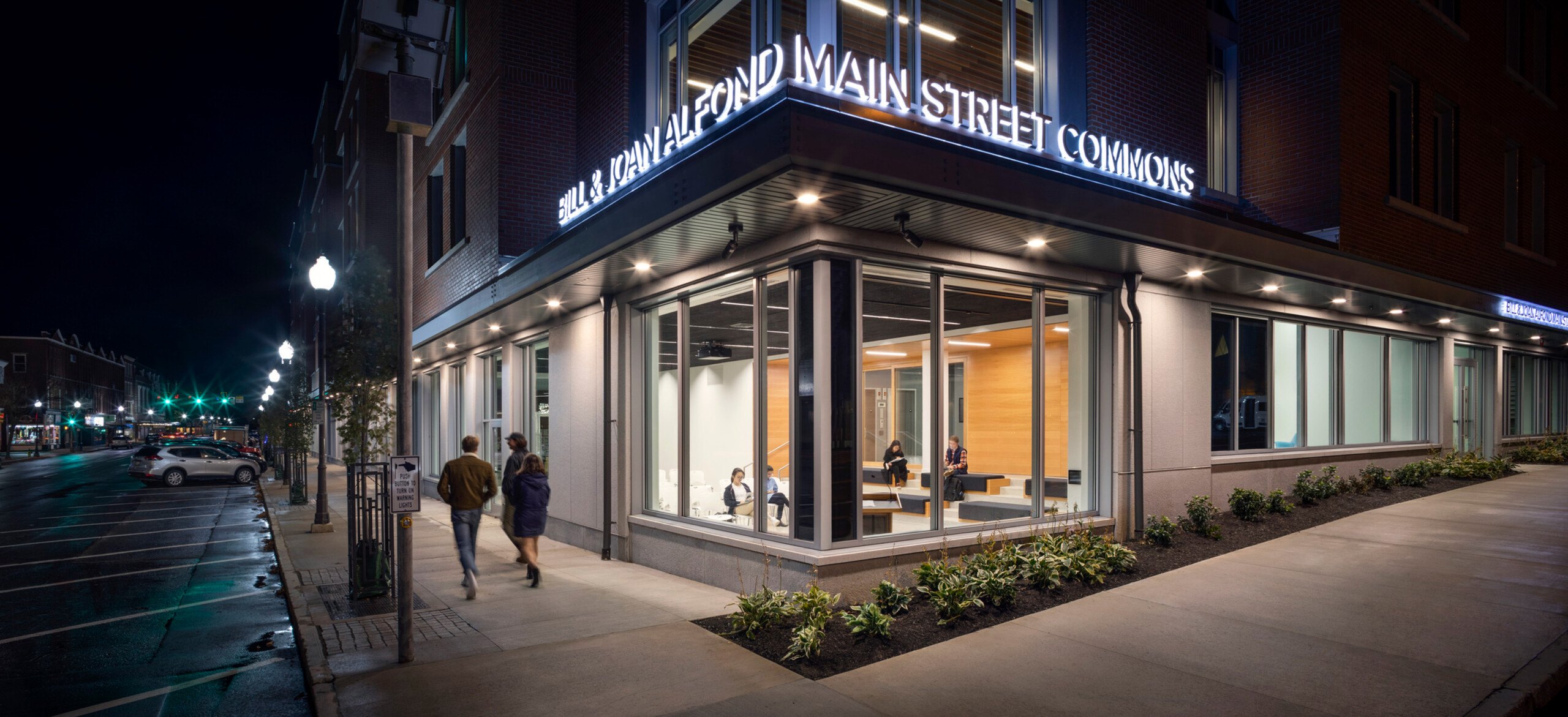 Ground-level view of community space in Alfond Commons at Colby College