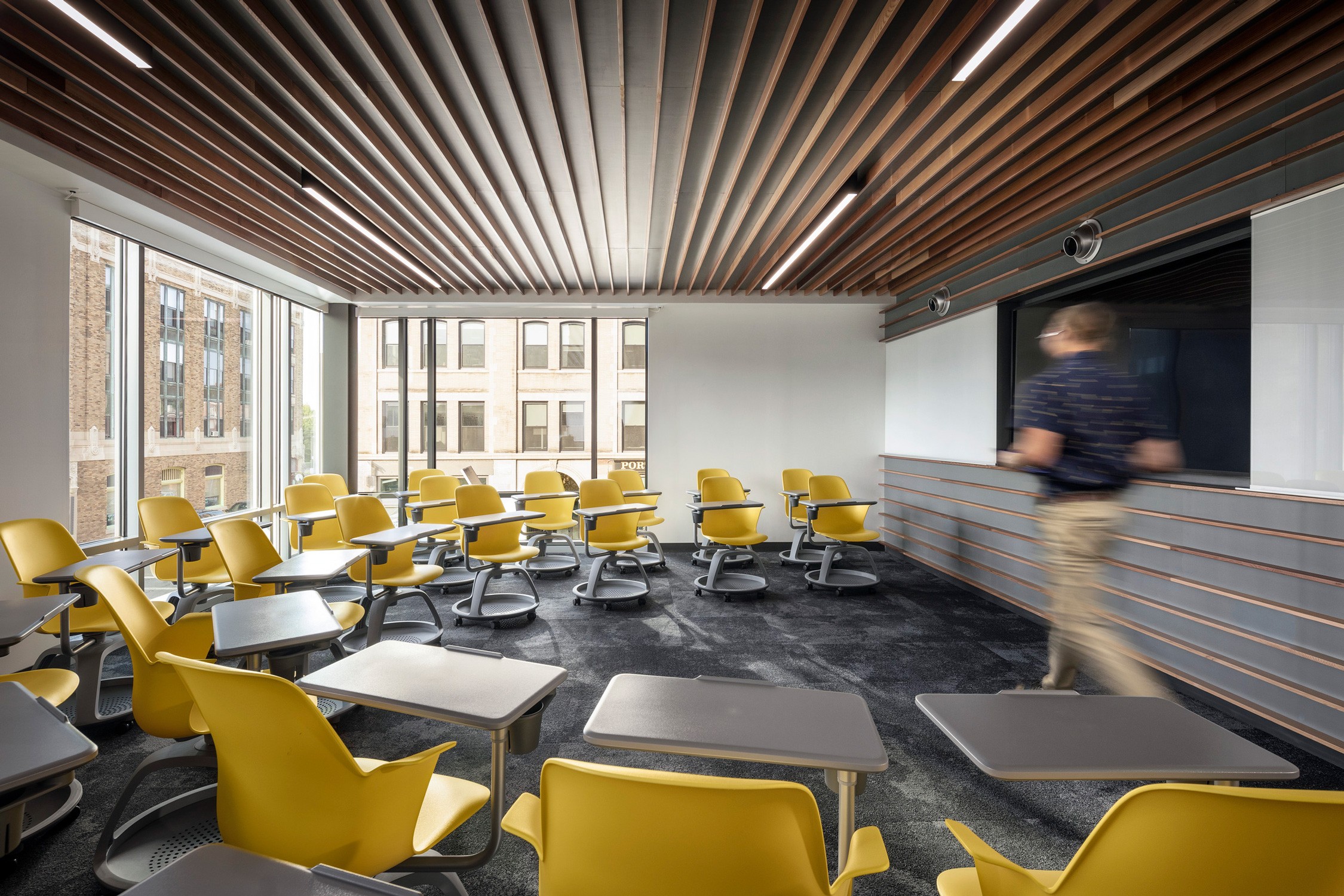 Second-floor classroom with views to the street in Alfond Commons at Colby College