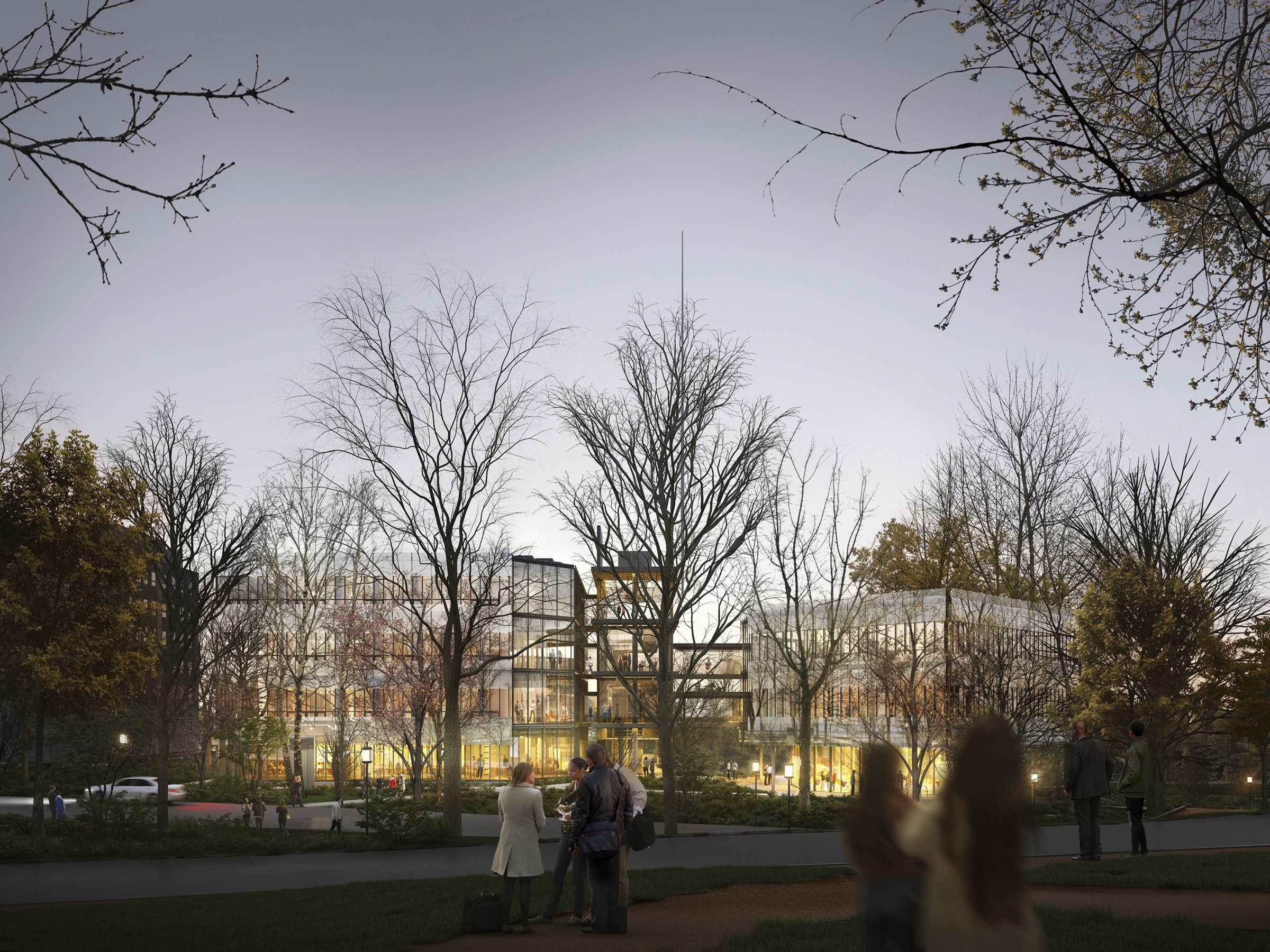 Exterior dusk fall rendering of the Stavros Niarchos Foundation Agora Institute for Johns Hopkins...