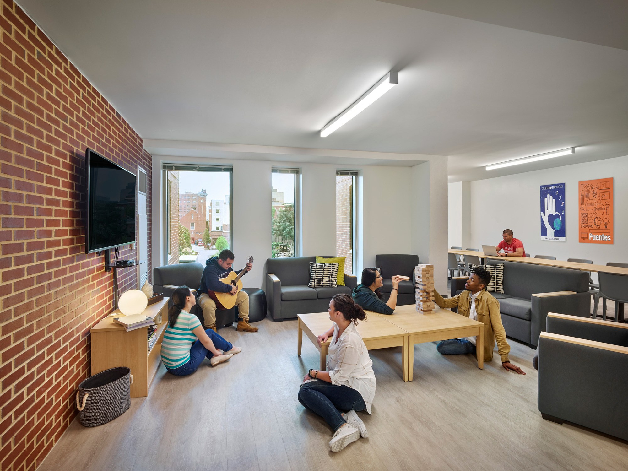 Lounge space in an affinity unit at District House at The George Washington University