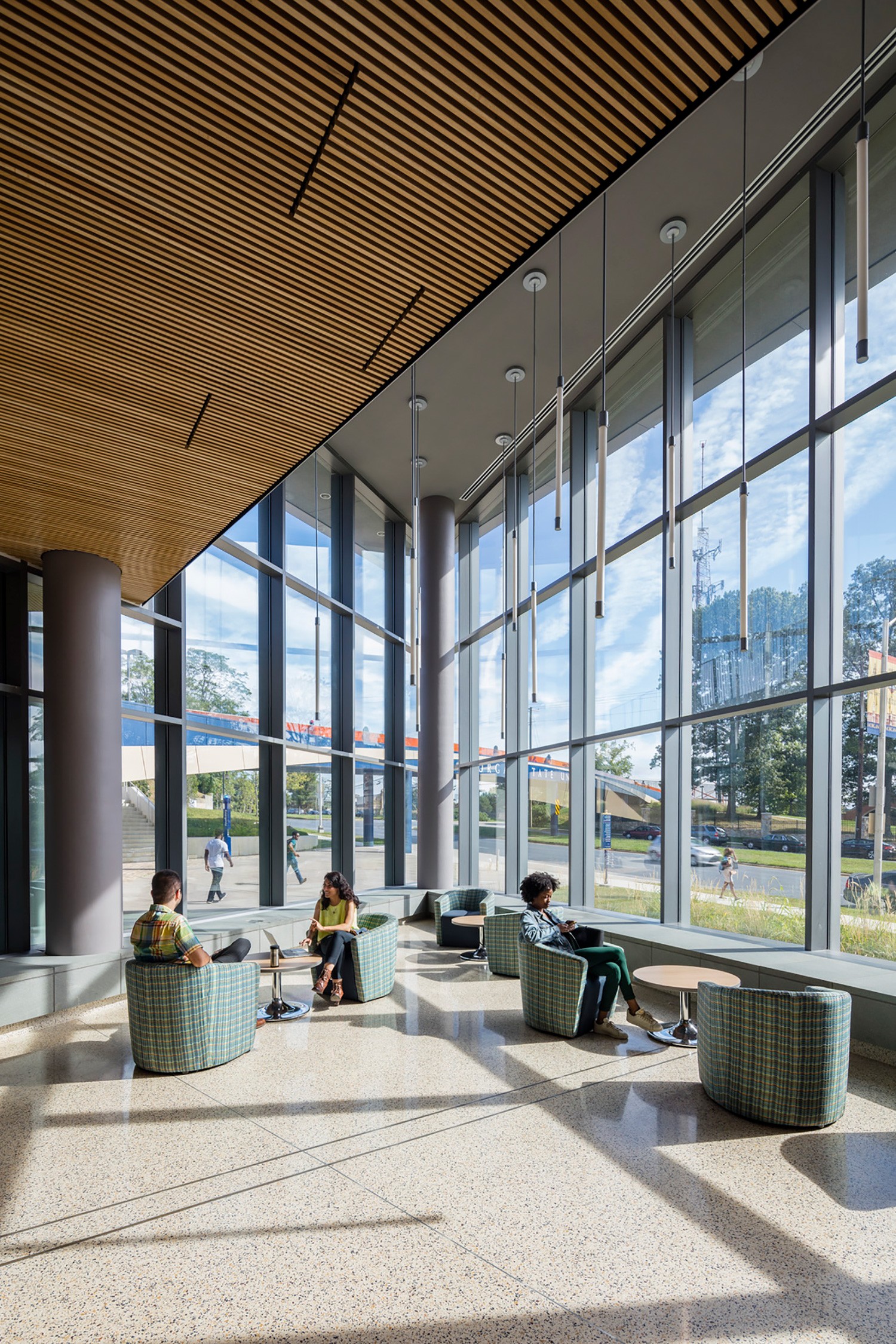 Glass wall of the atrium at the Morgan Business Center at Morgan State University