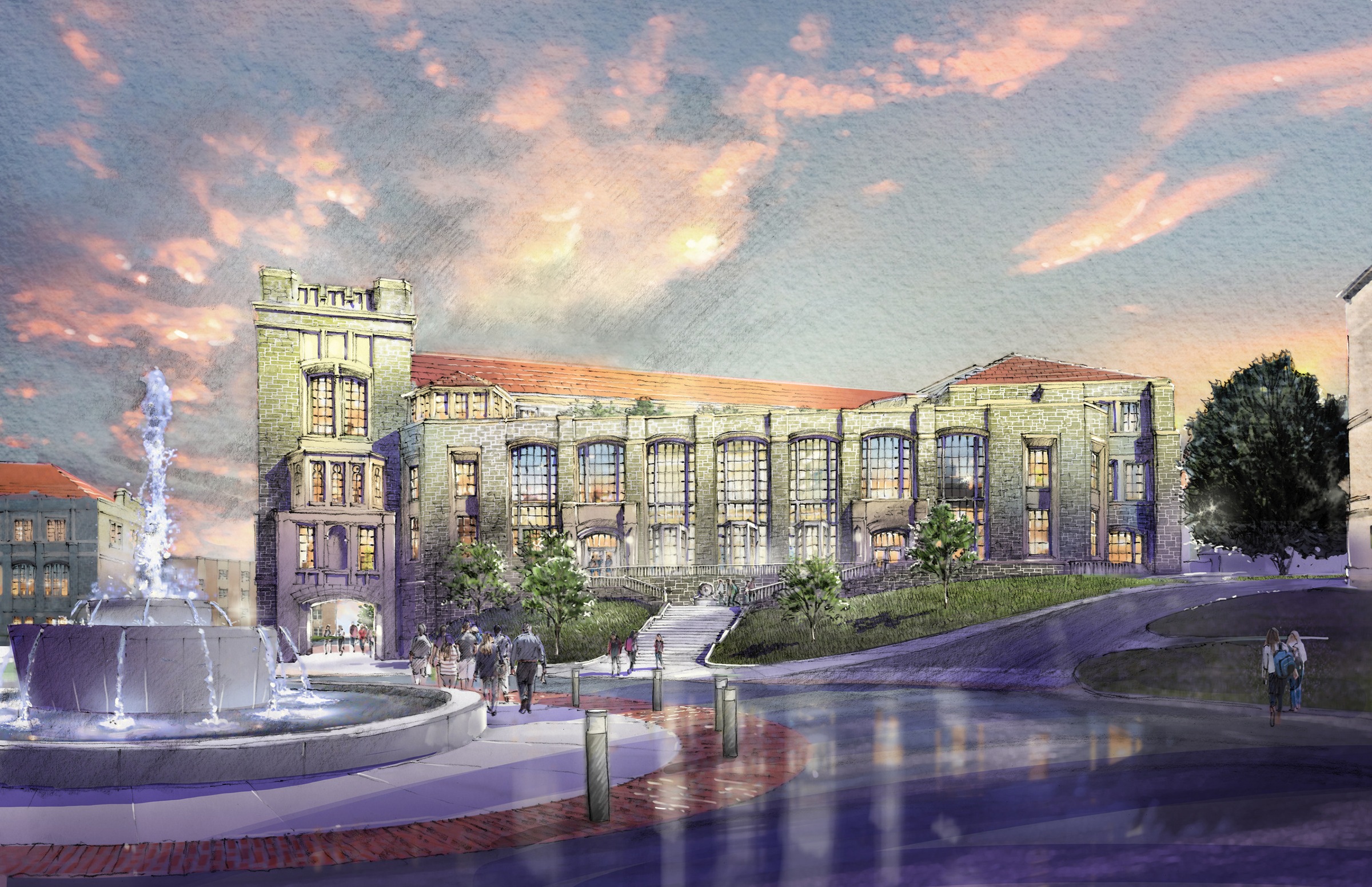 Building exterior and courtyard at the Conway School of Nursing