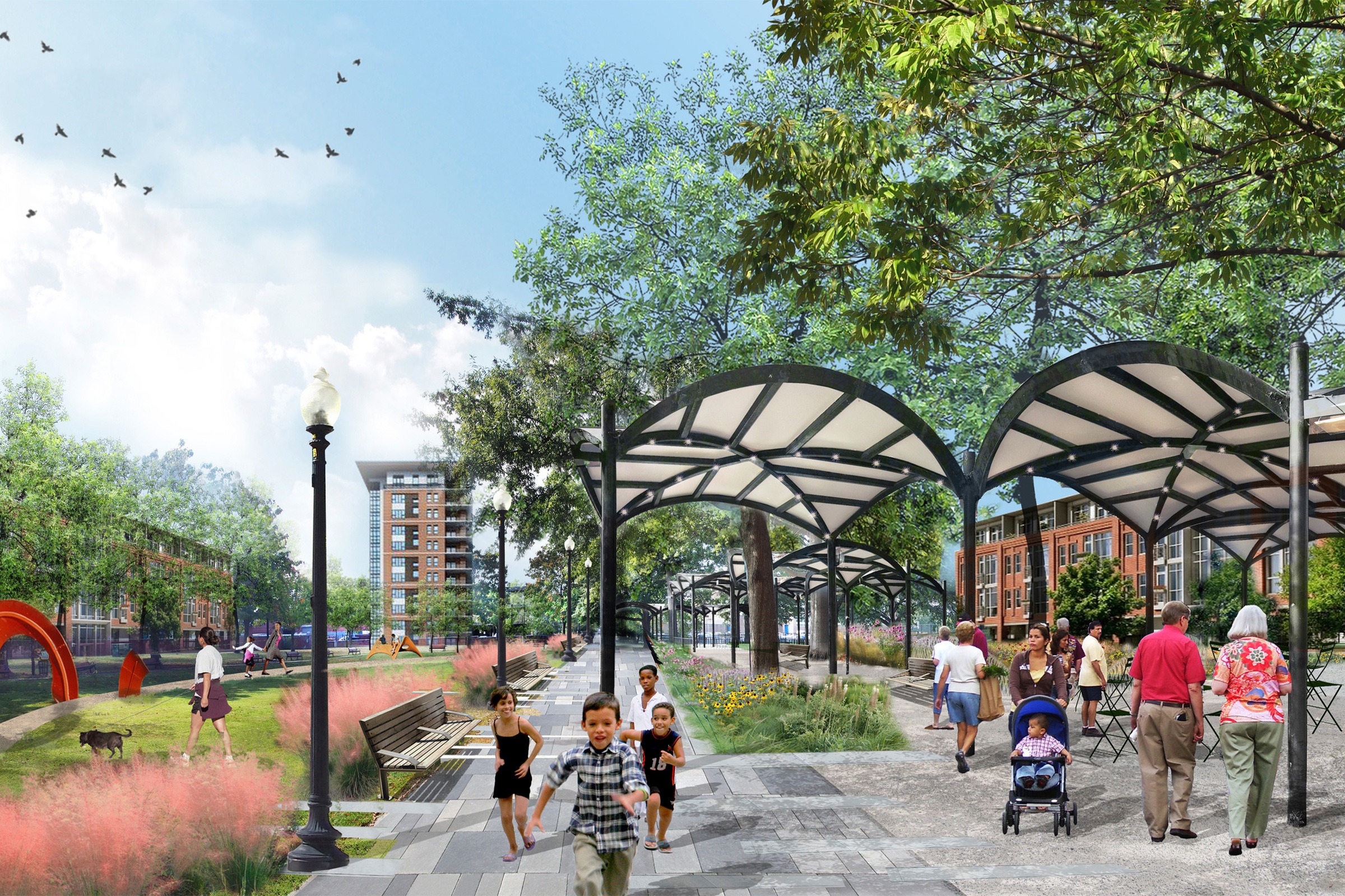 Illustrative Rendering of Lansburgh Park in Southwest DC. Children and families are enjoying the...