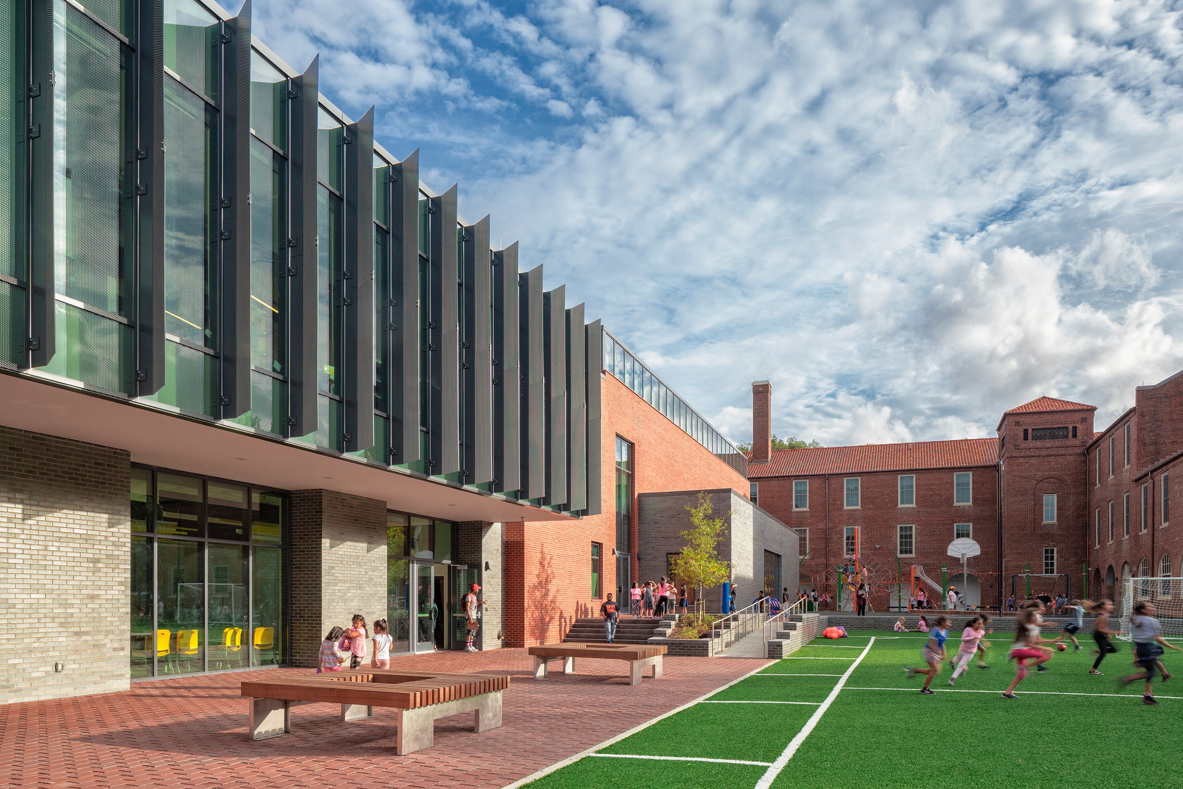 Athletic fields nestle between the historic and modern at Bancroft Elementary School