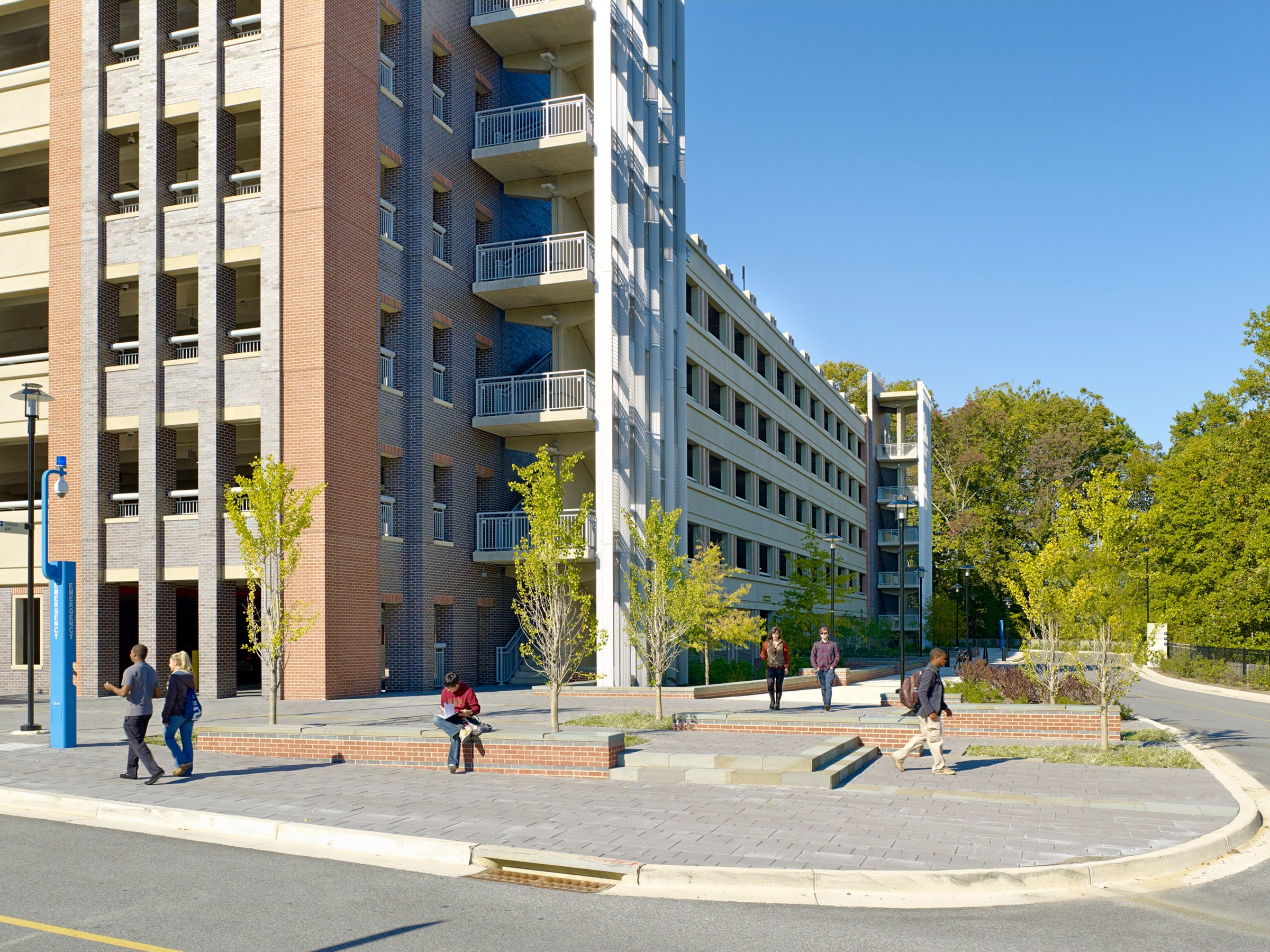 Towson University West Village Parking Garage with Landscaped area in the foreground