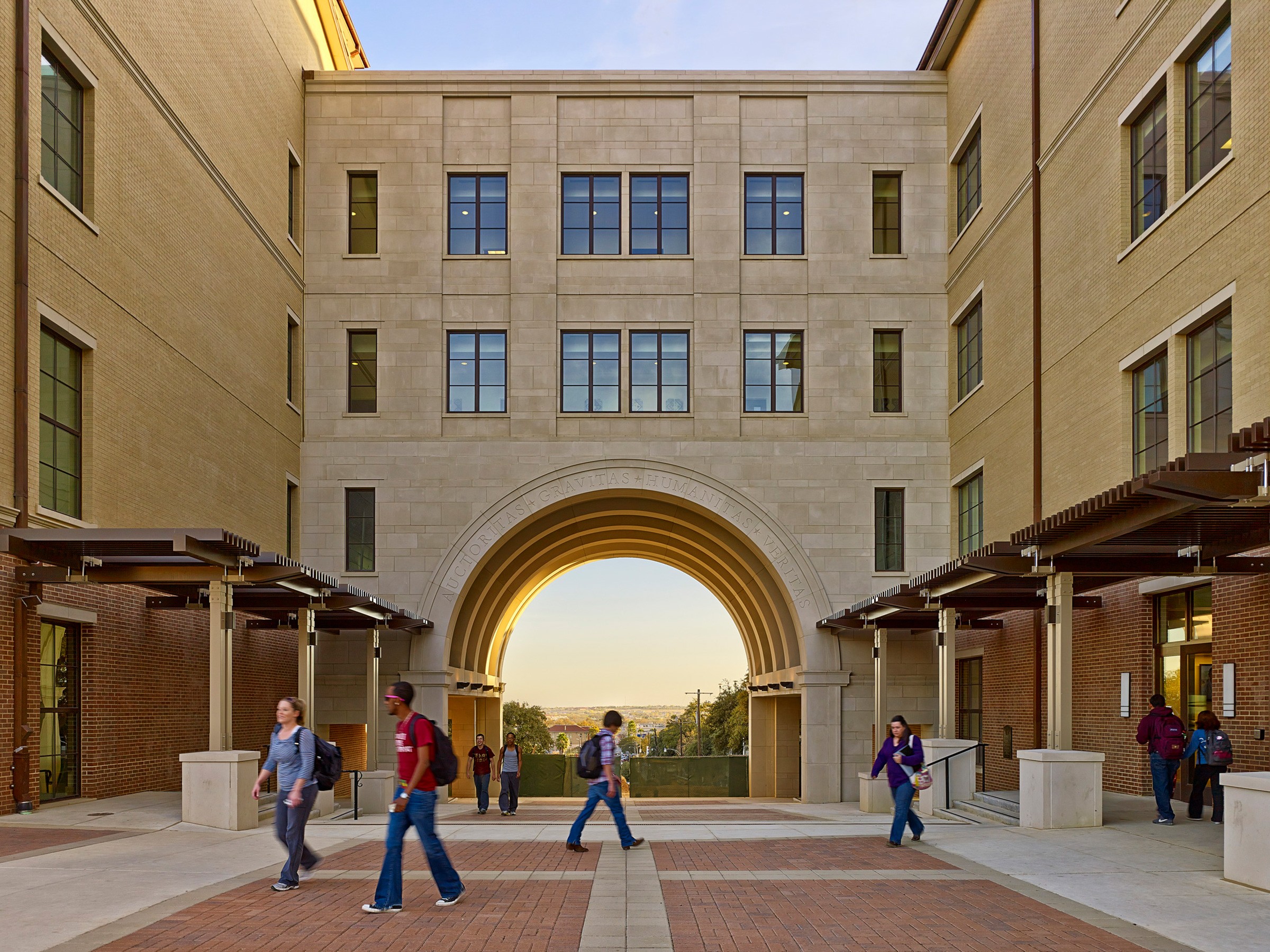Prominent connector portal at sunset at Texas State University San Marcos’ Undergraduate Academic Center