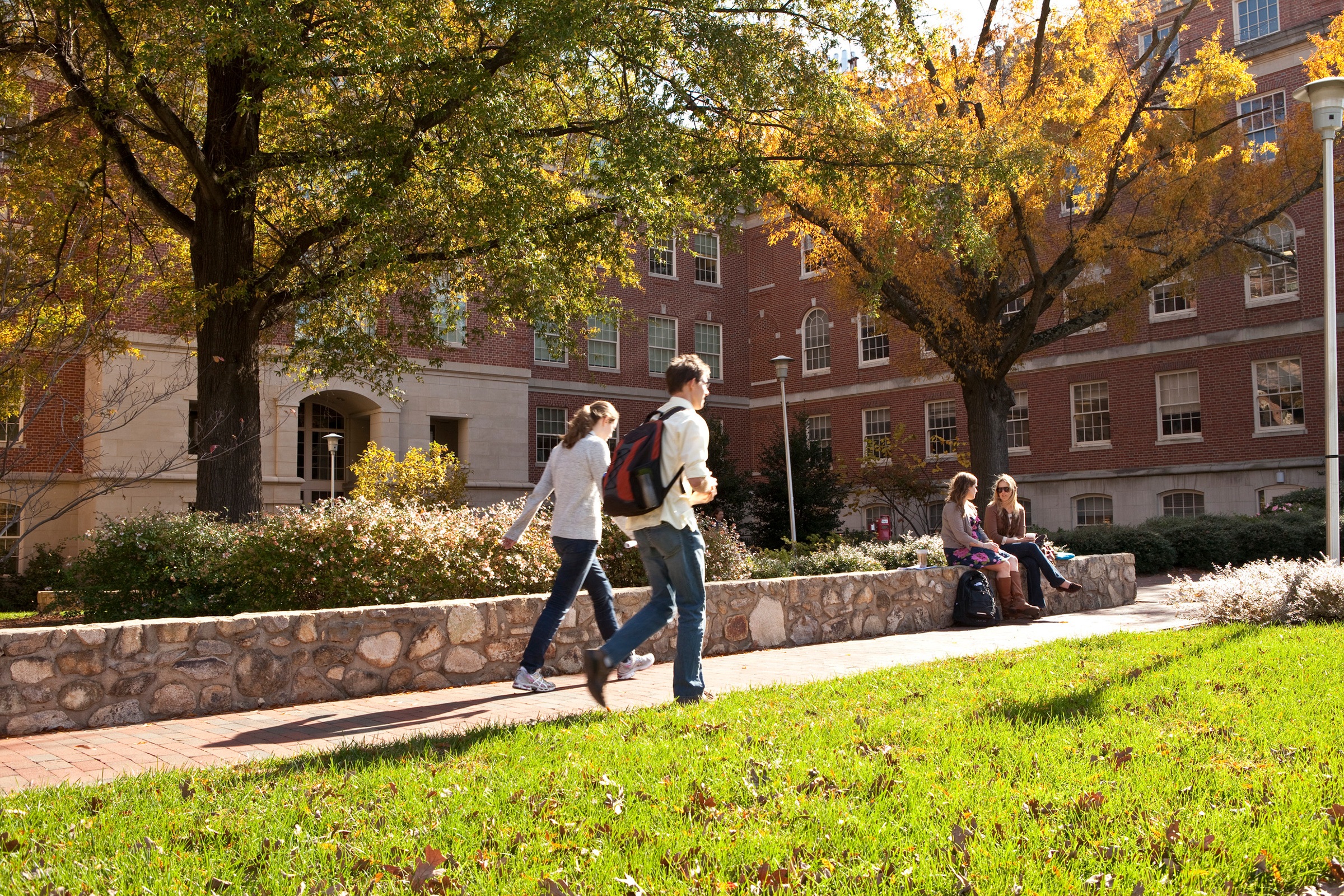 Fieldstone retaining wall along campus street.