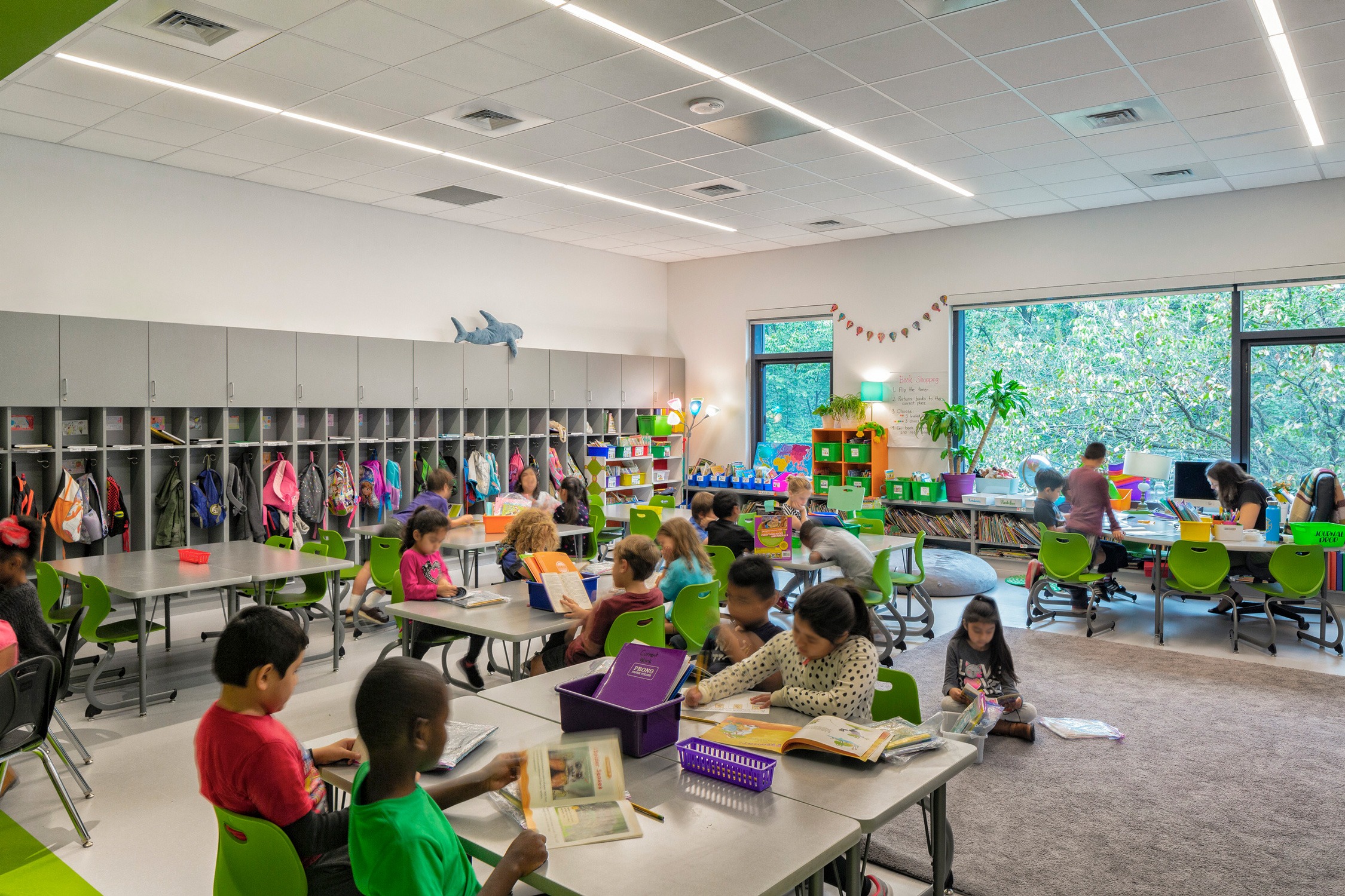 Elementary classroom with exterior views of Rock Creek Park at Bancroft Elementary School