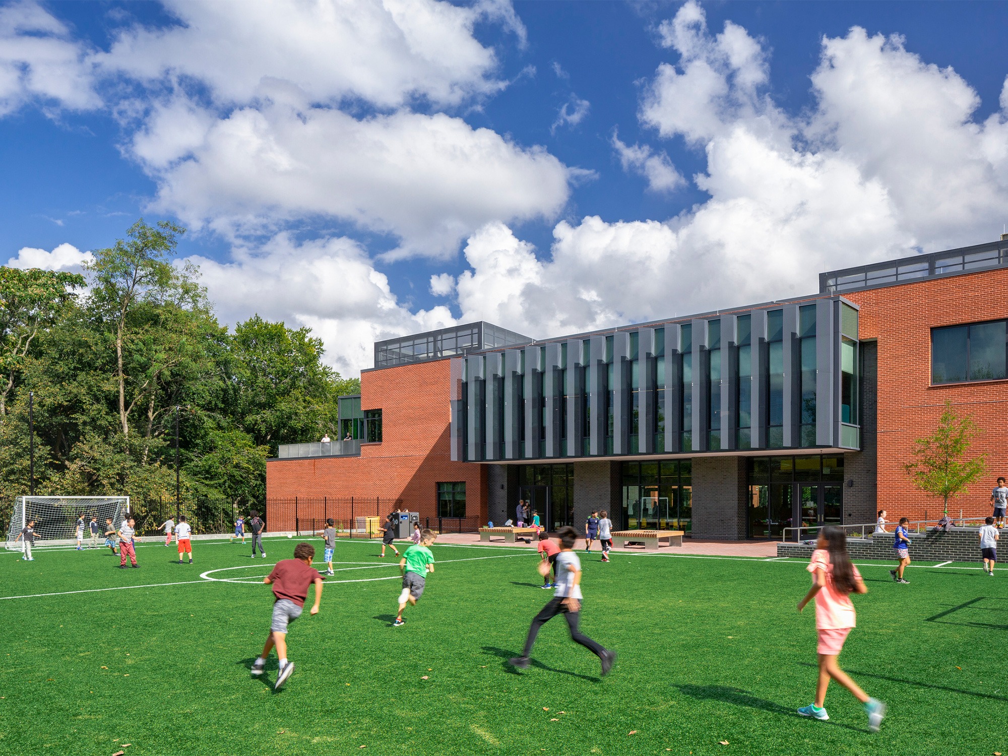 Athletic fields nestle between the historic and modern at Bancroft Elementary School