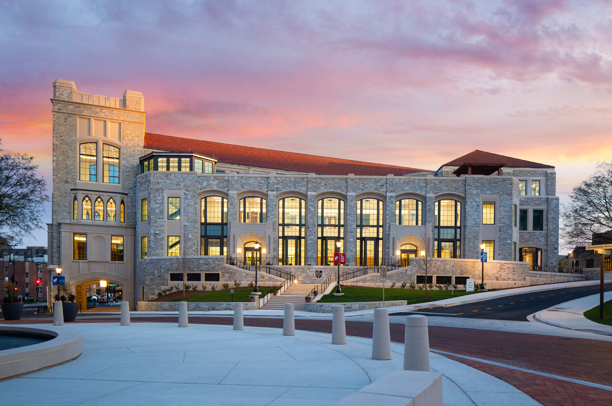 Dusk view of The Catholic University of America Conway School of Nursing