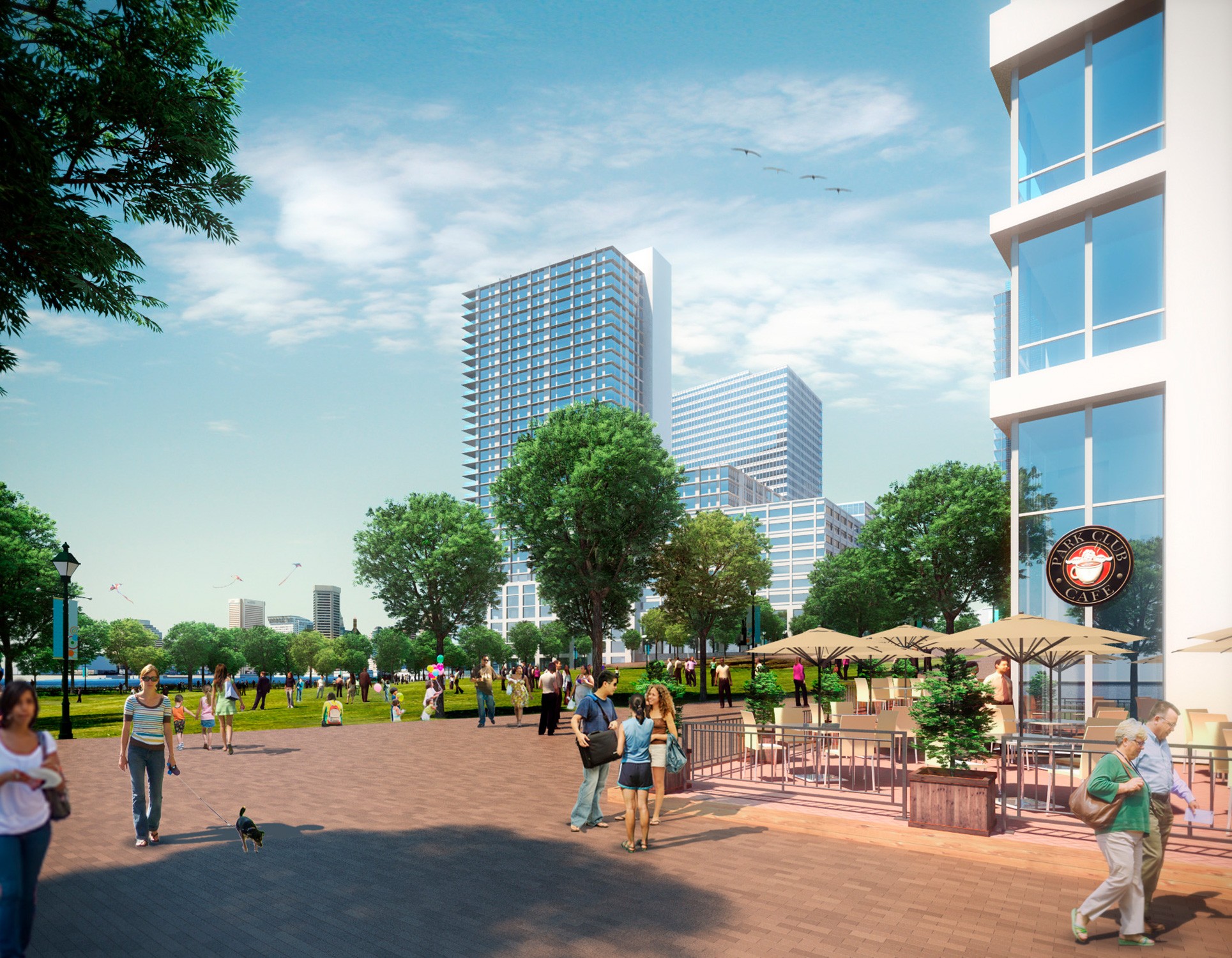 Rendering of redesigned city block and waterfront park.