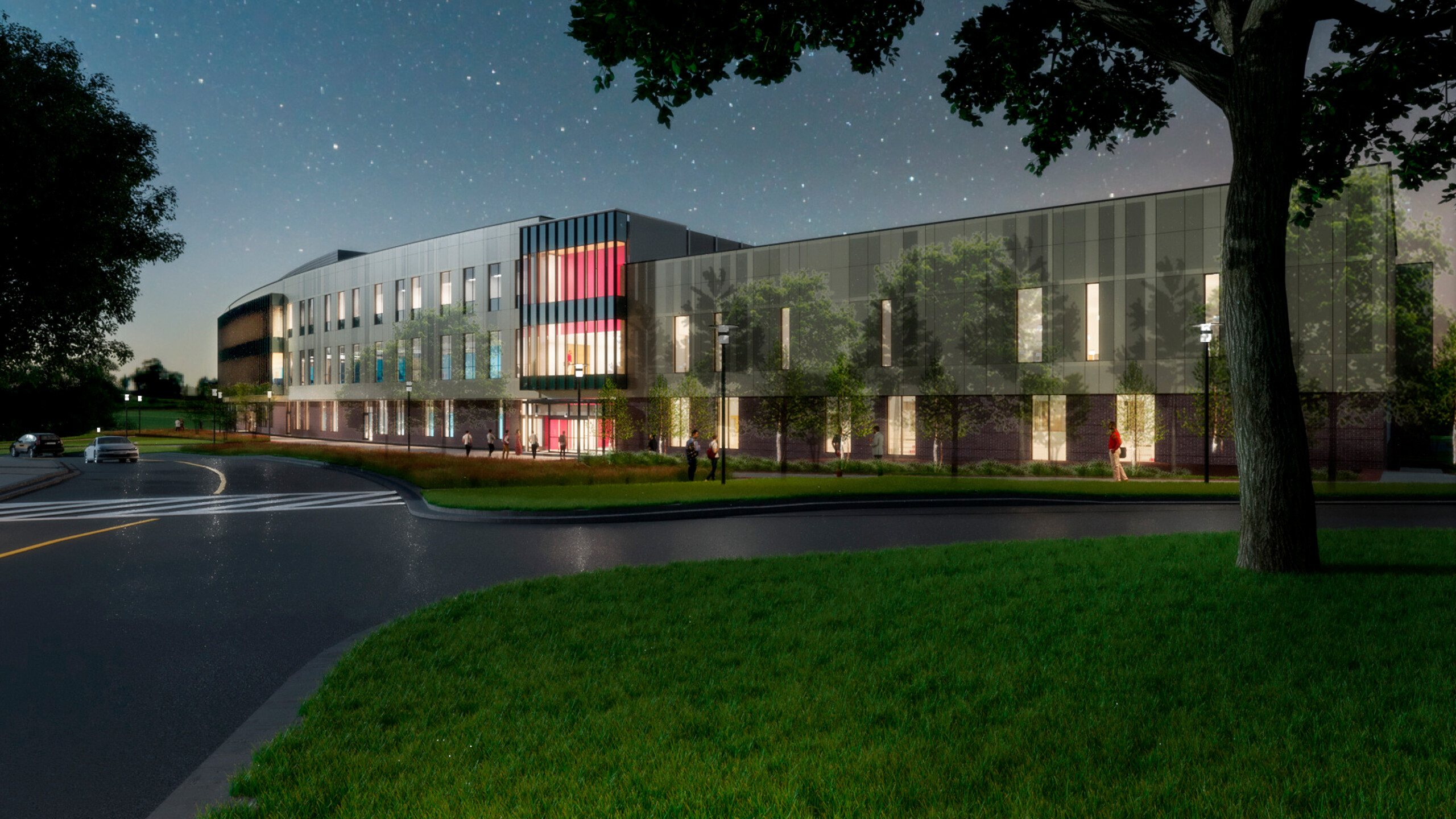 Conceptual Dusk Rendering of the athletics entrance at the Mathematics and Athletics Complex at...