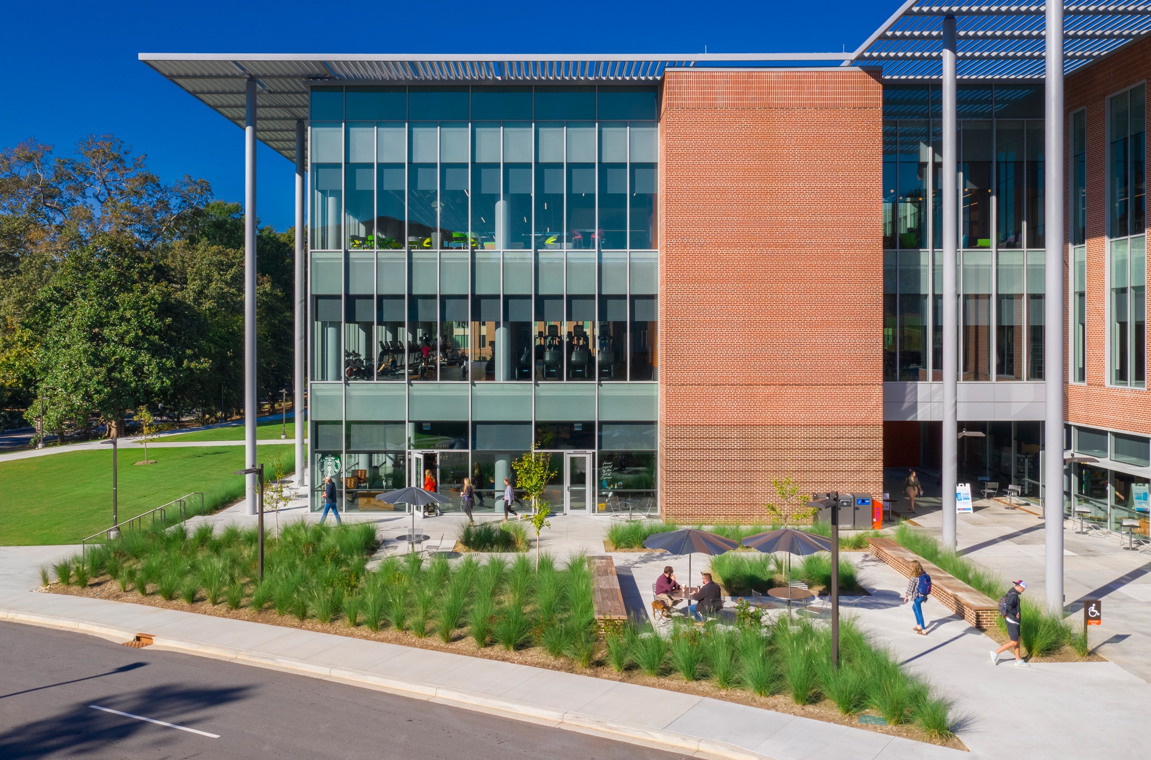 Exterior view the outdoor dining area outside the Hub, part of Douthit Hills Development at Clemson...