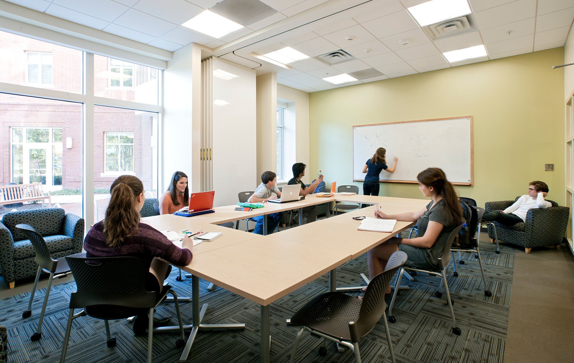 Interior view of classroom space at Alderman Road Student Housing at University of Virginia. Students...