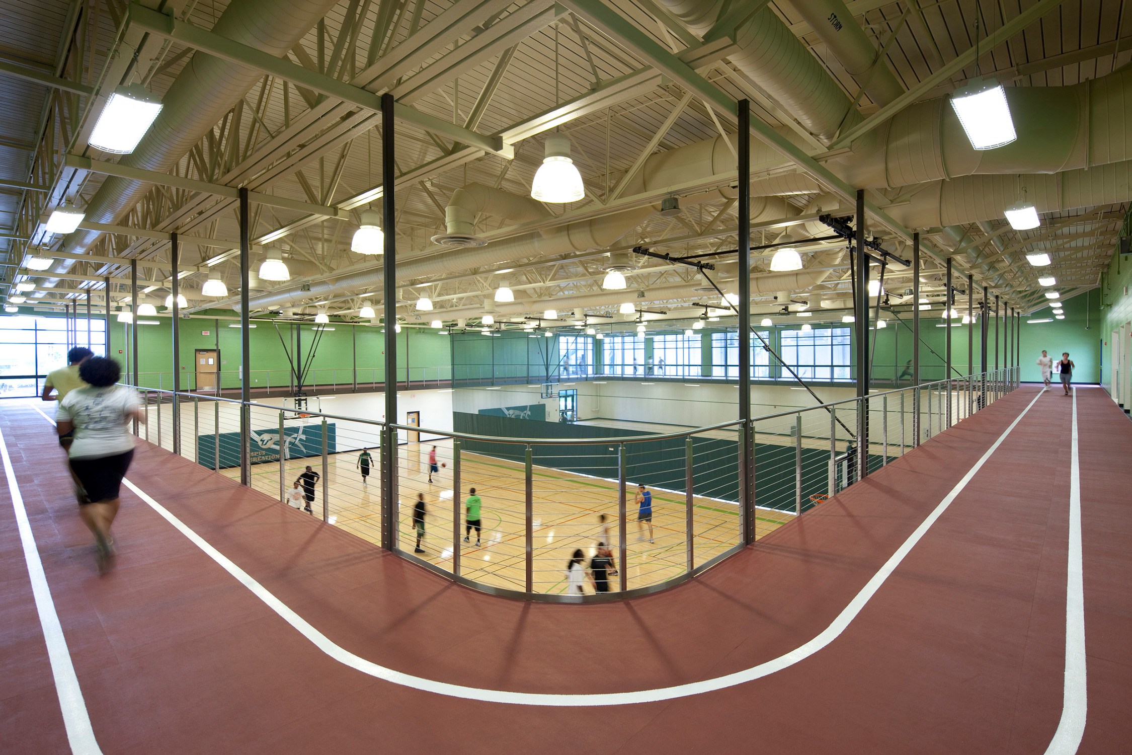 Interior view of the track and recreational basketball court in the Student Wellness and Nutrition...