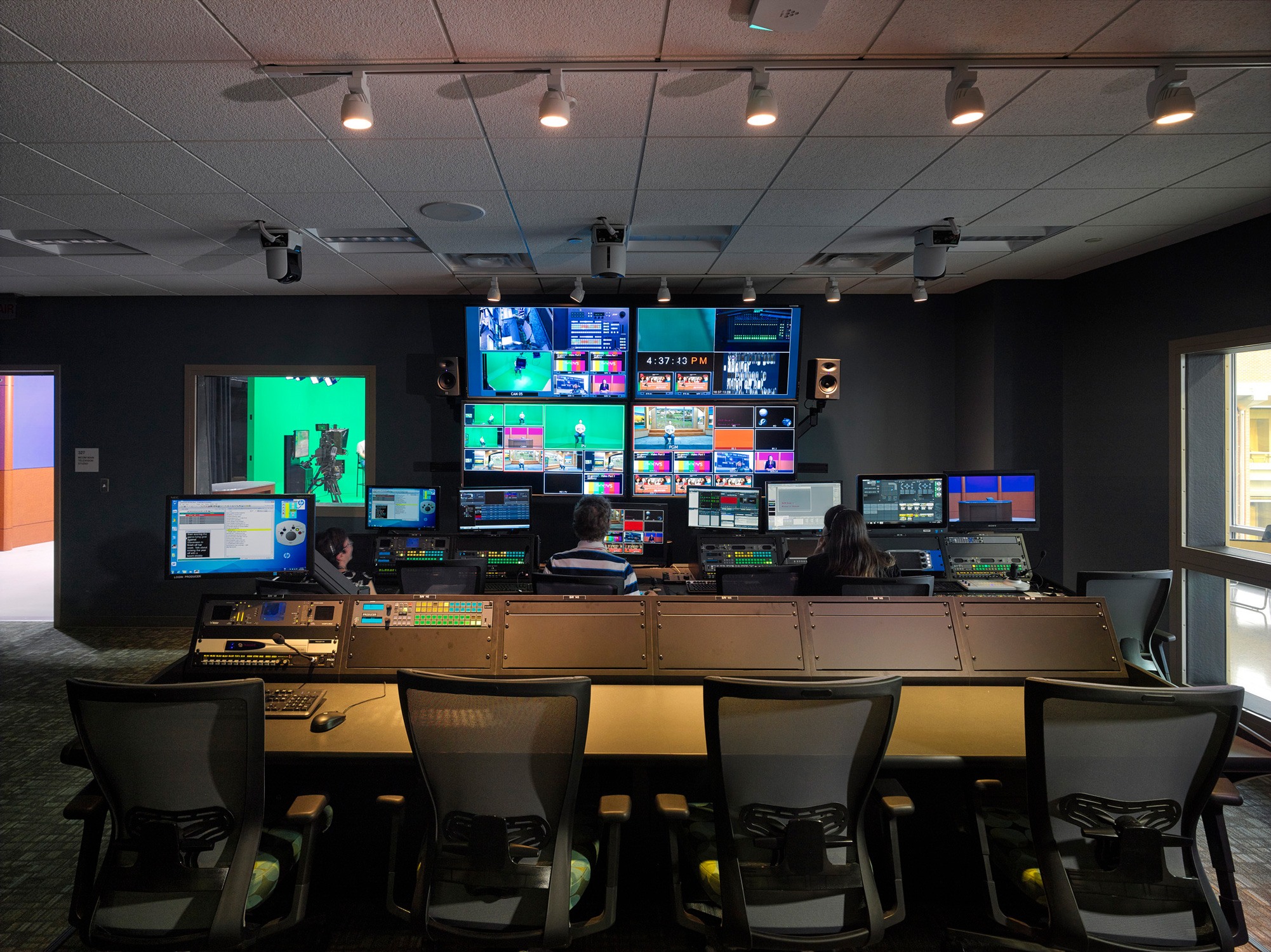 Mass communications high-definition television studio control room.