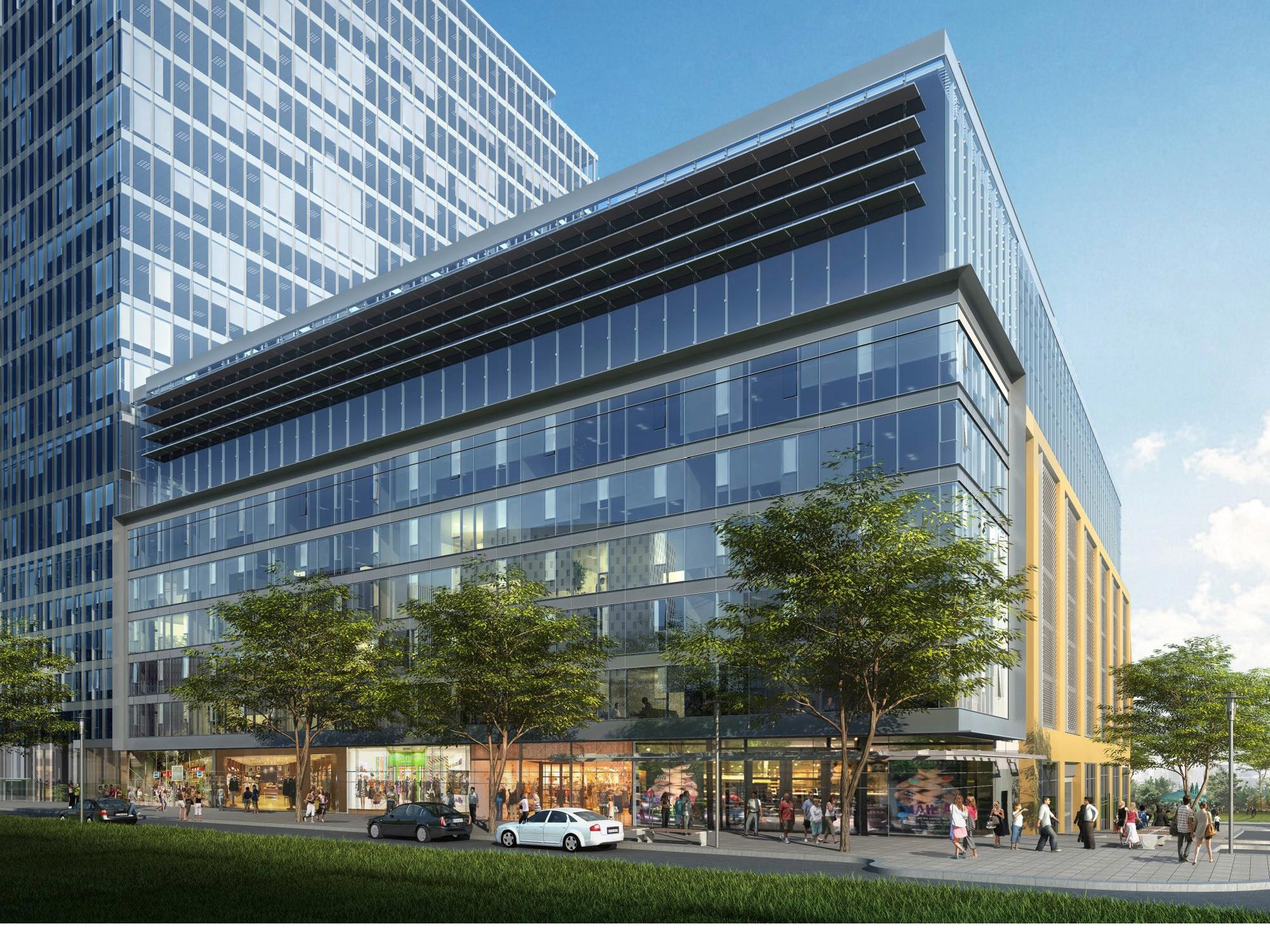 Rendering of redesigned city block featuring ground-level retail.