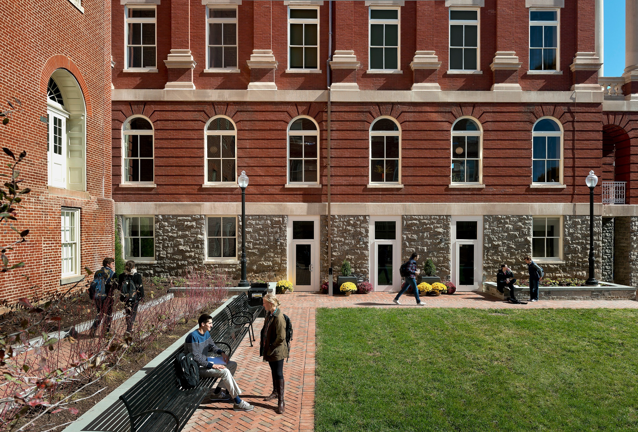Exterior view of new courtyard space at Ida Ryan and Isaac Hawkins Halls at Georgetown University
