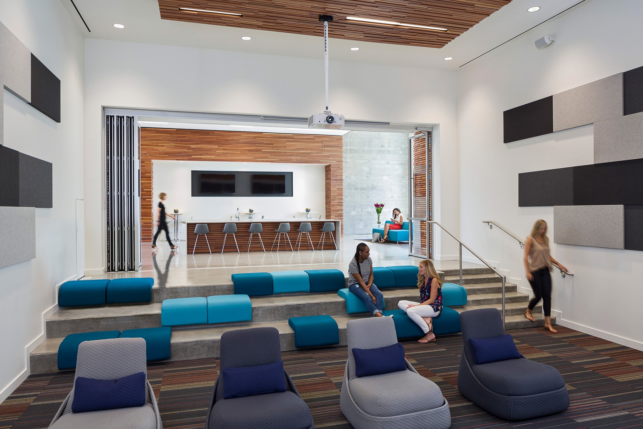 Interior view of a media room with flexible, tiered seating at the University of South Carolina.