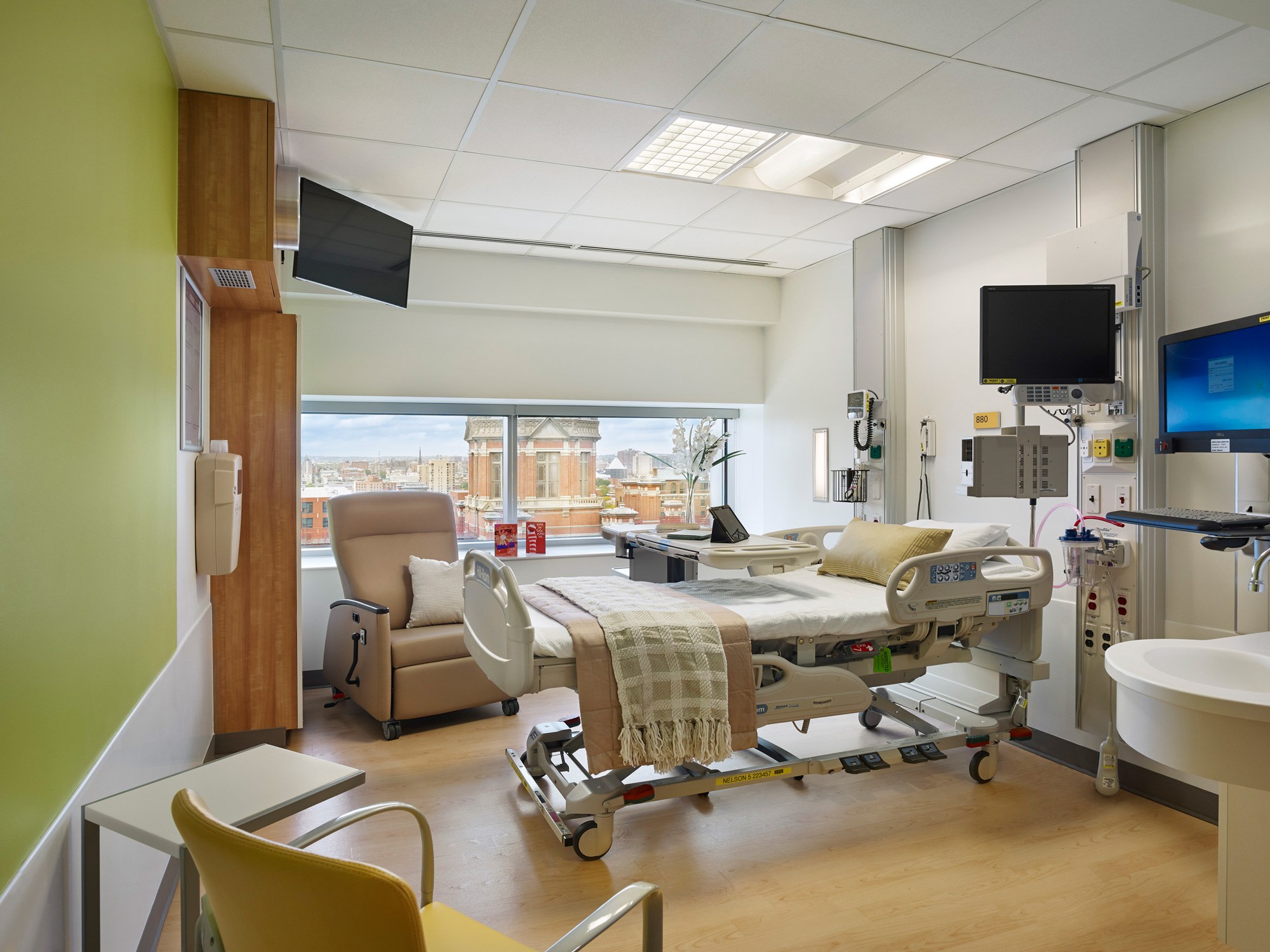 Interior view of a renovated patient room as part of the Johns Hopkins Health System Nelson Harvey...