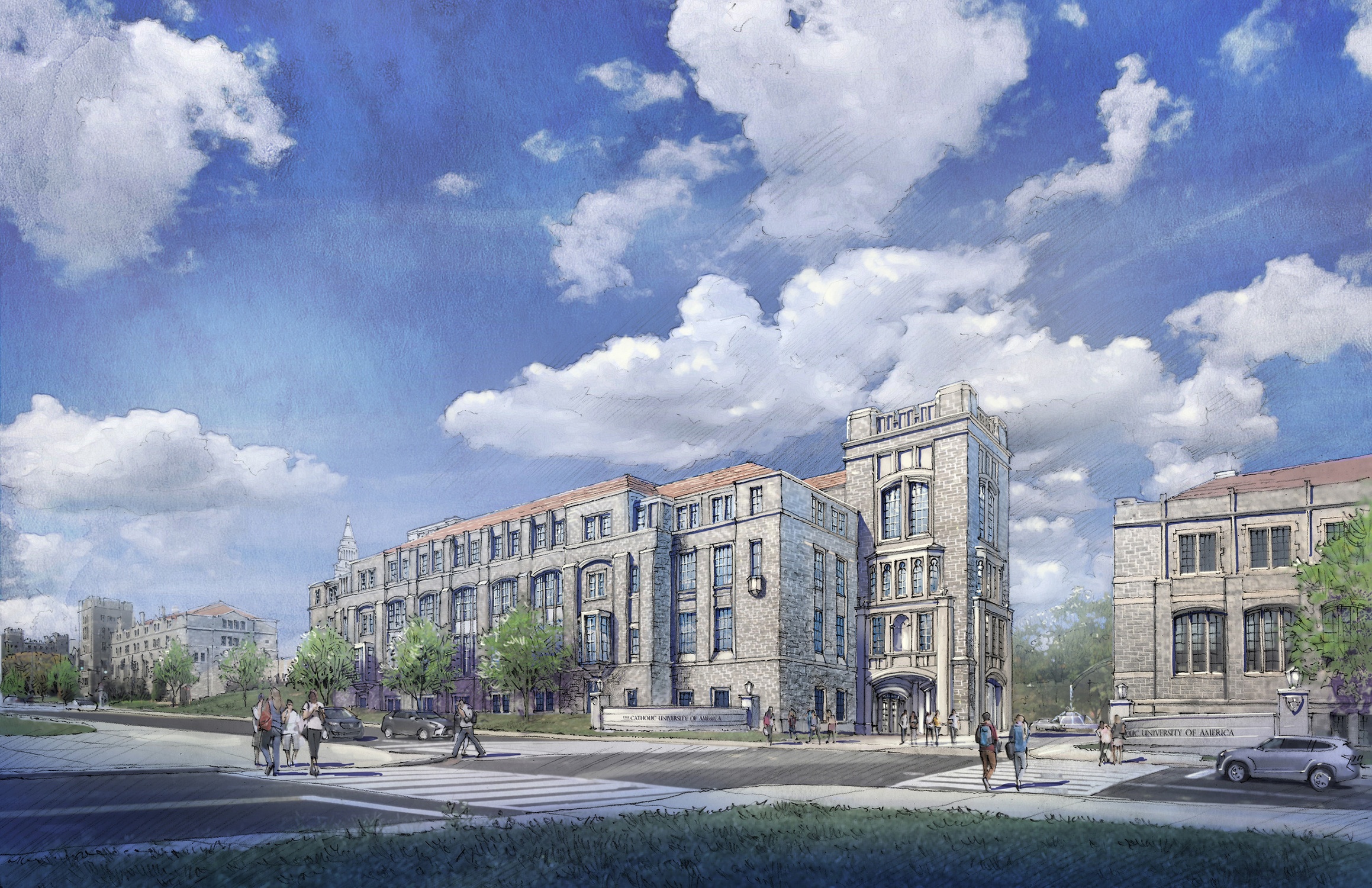 Building exterior and courtyard at the Conway School of Nursing
