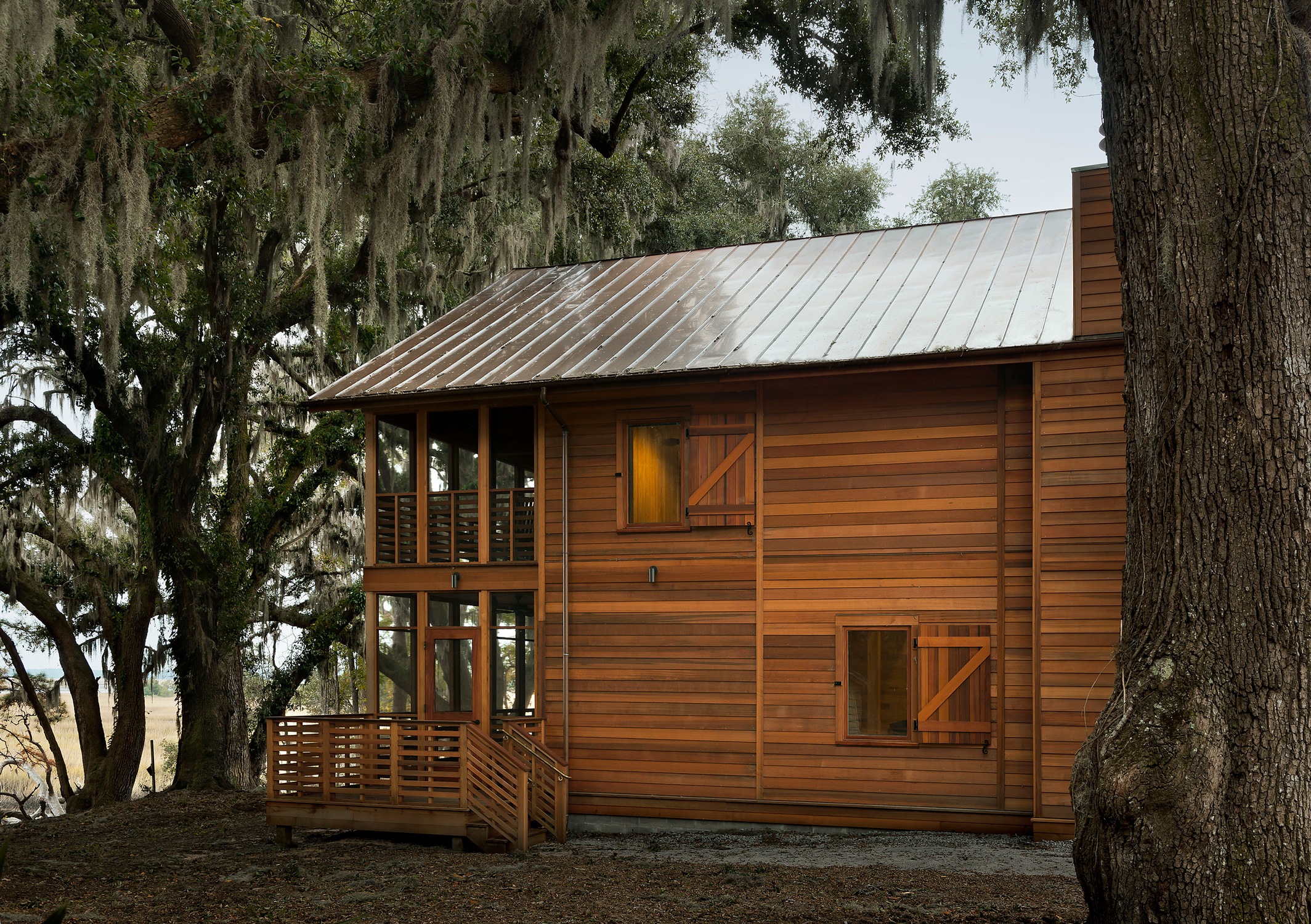 View from north of waterside porch of Stono Barn at College of Charleston