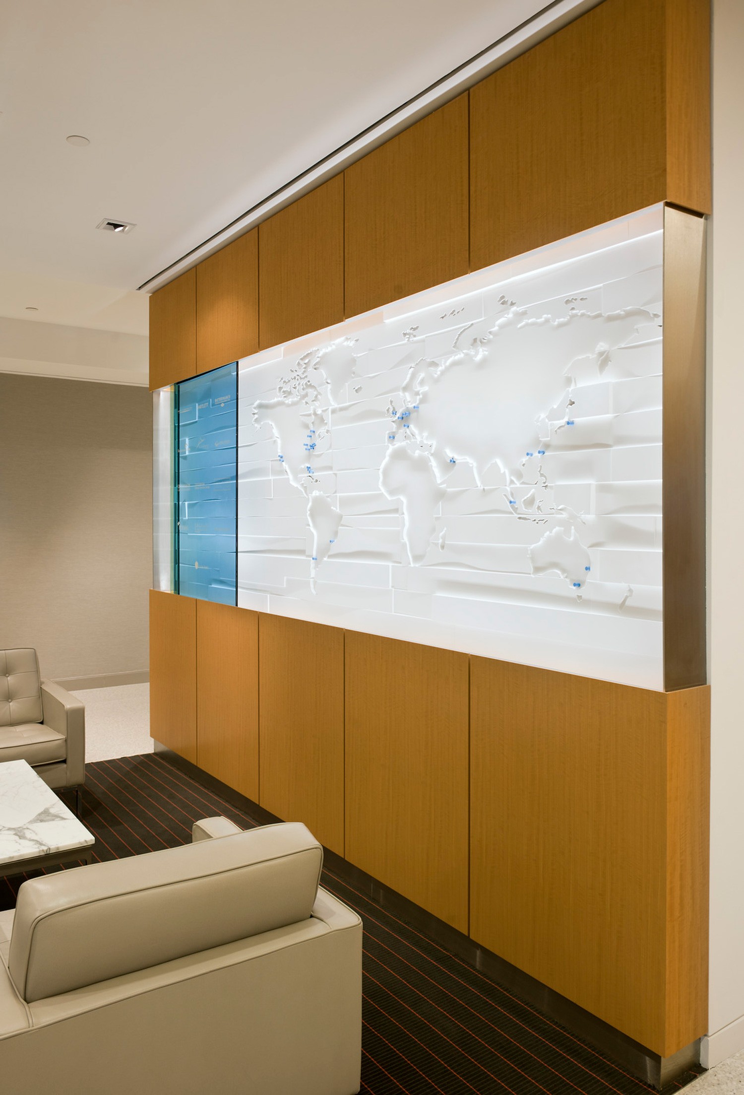 Lasercut map feature wall at corporate headquarters of confidential client