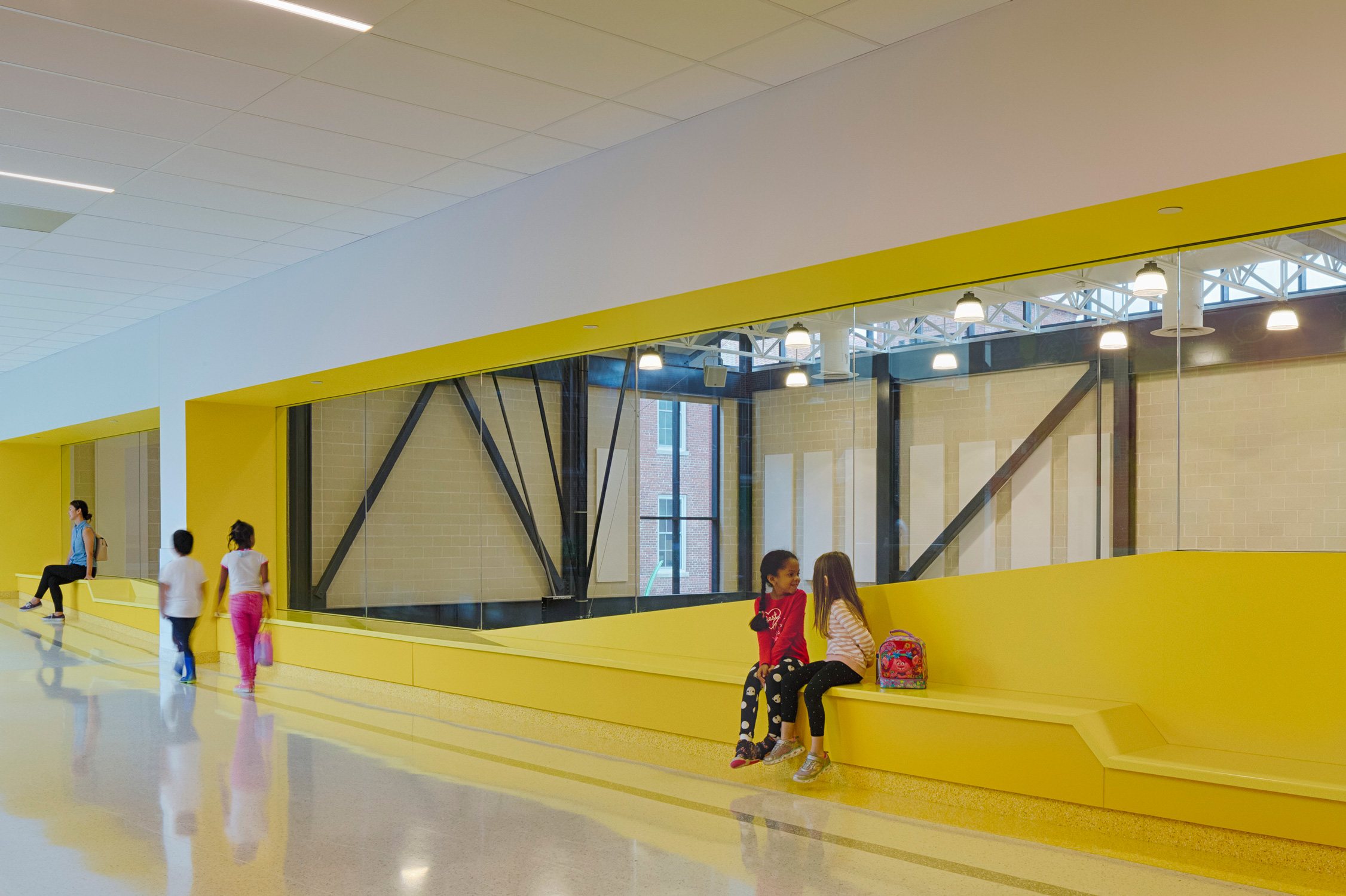 Hall detail with bench seating at Bancroft Elementary School