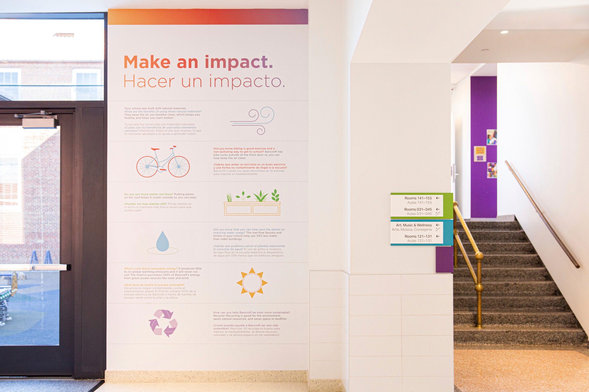 Sustainability signage educates students about green building features at Bancroft Elementary School