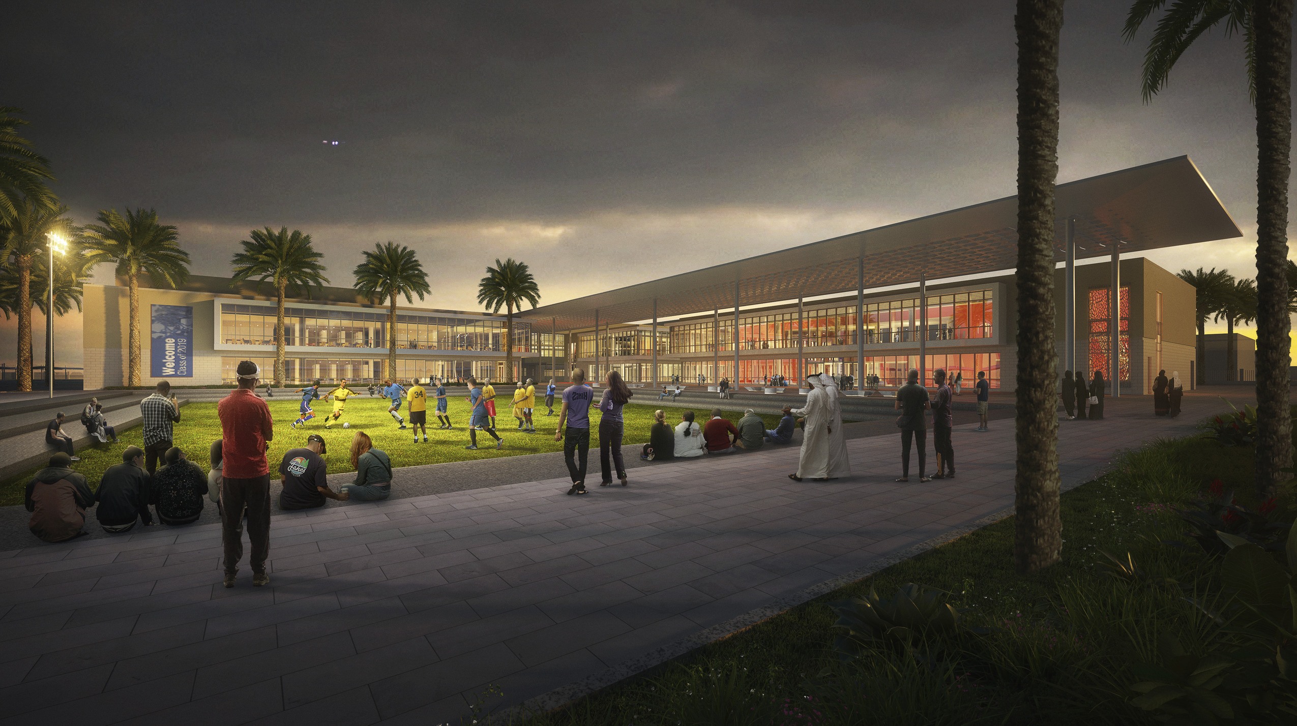 Rendering of students gathered at an athletic field at dusk surrounded by academic buildings