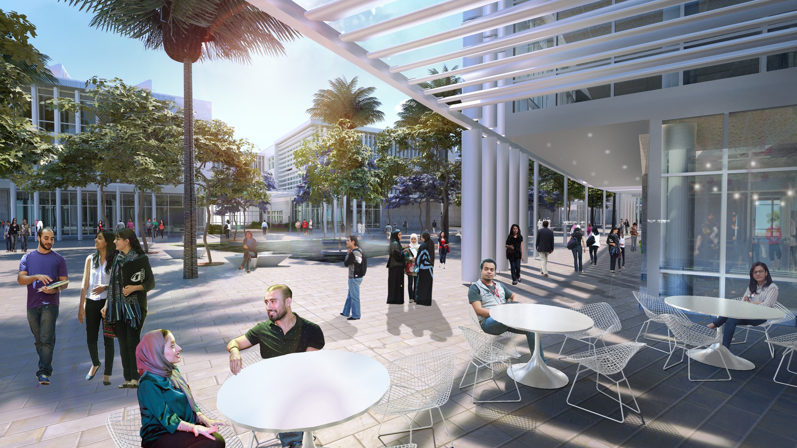 Rendering of students on the plaza with louvered sunshades overhead.