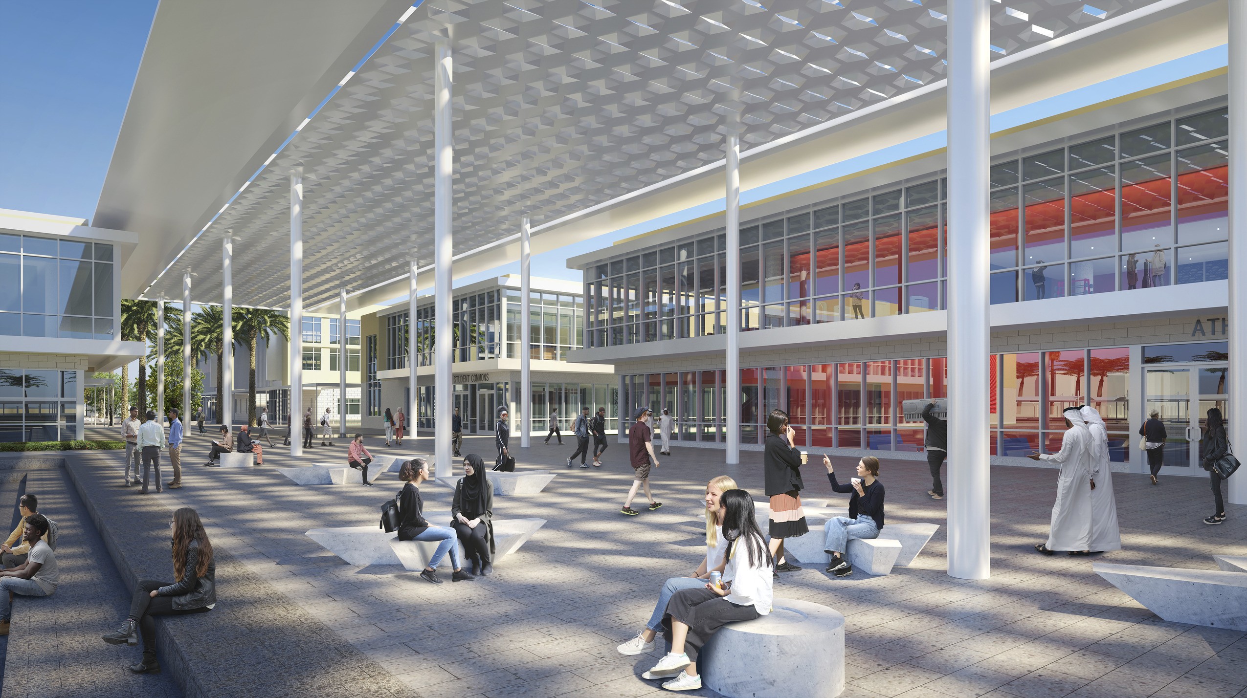 Exterior rendering of the campus plaza with students seated throughout