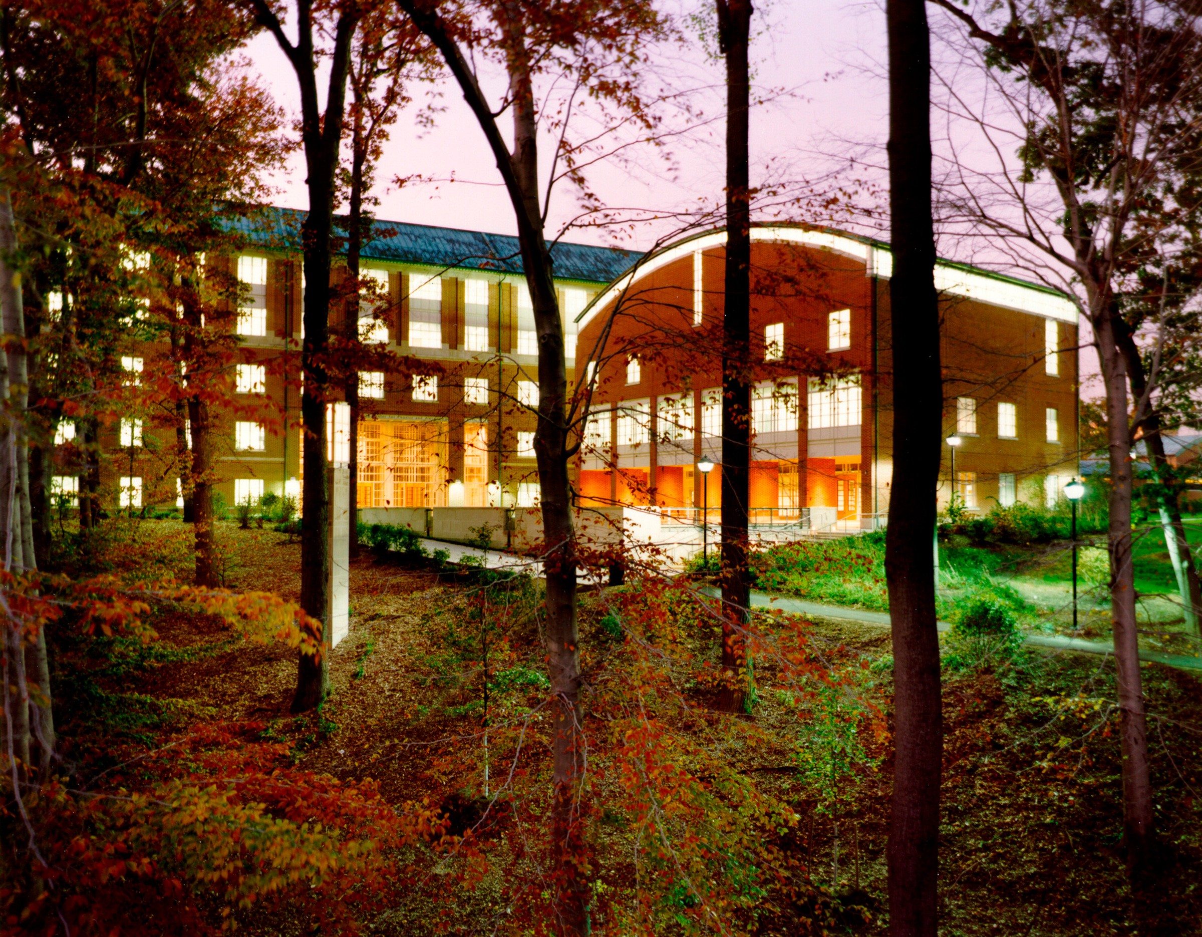 Dusk view of the Physics and Astronomy Building at Johns Hopkins University