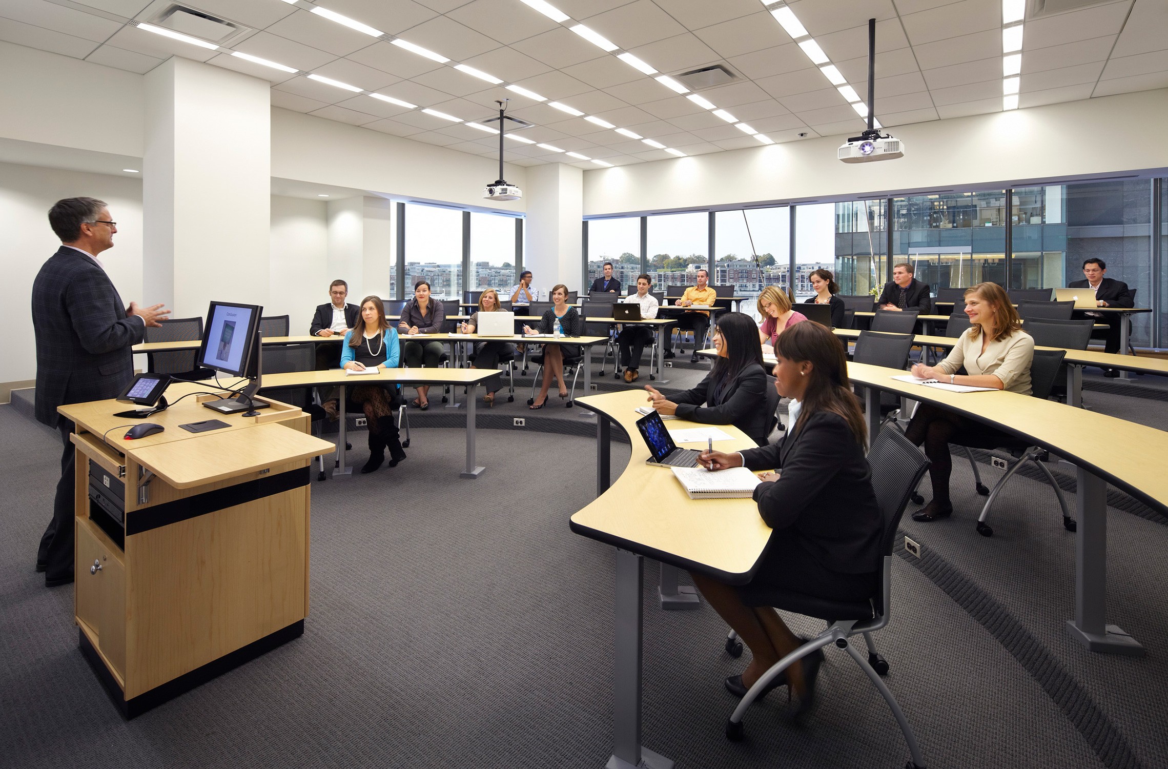 Classroom with views downtown at the Johns Hopkins University Carey School of Business