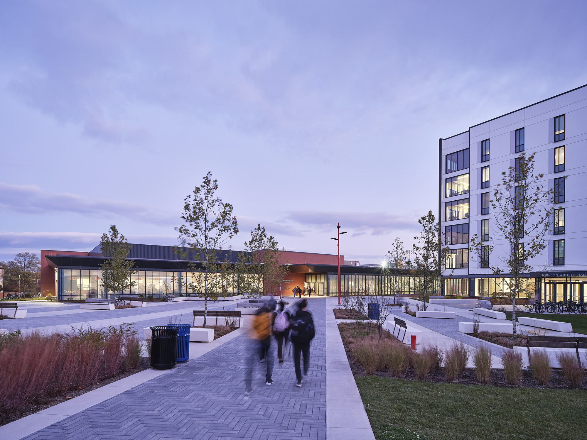 A dusk view shows the spacious courtyard within the University of Maryland's Heritage Community.