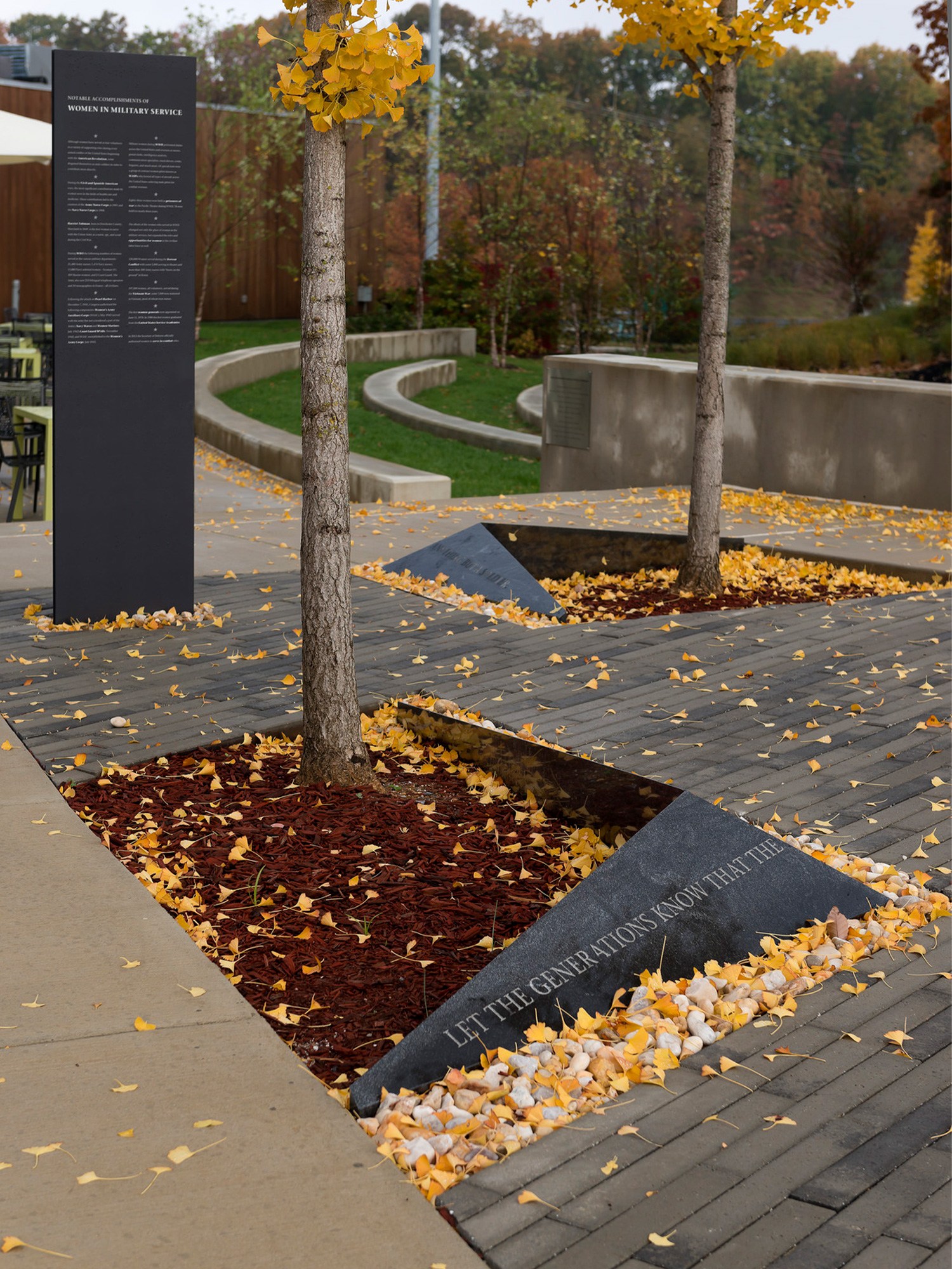 Maryland Women in Military Service Monument showing detail around tree plantings.