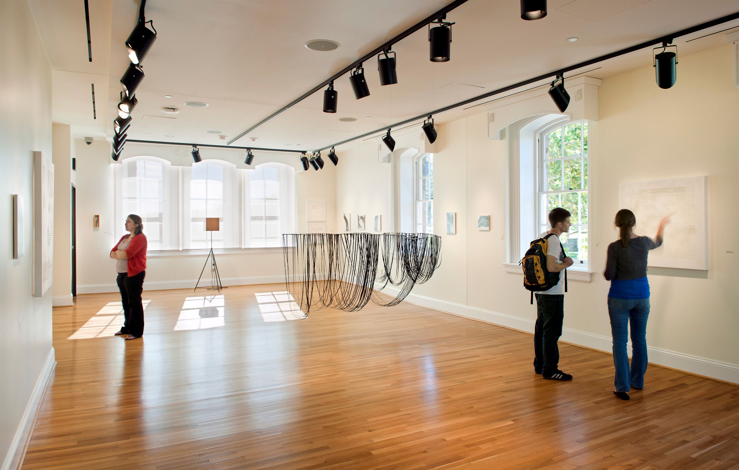 Light-filled art gallery at the Delaplaine Fine Arts Center at Mount Saint Mary’s University with...