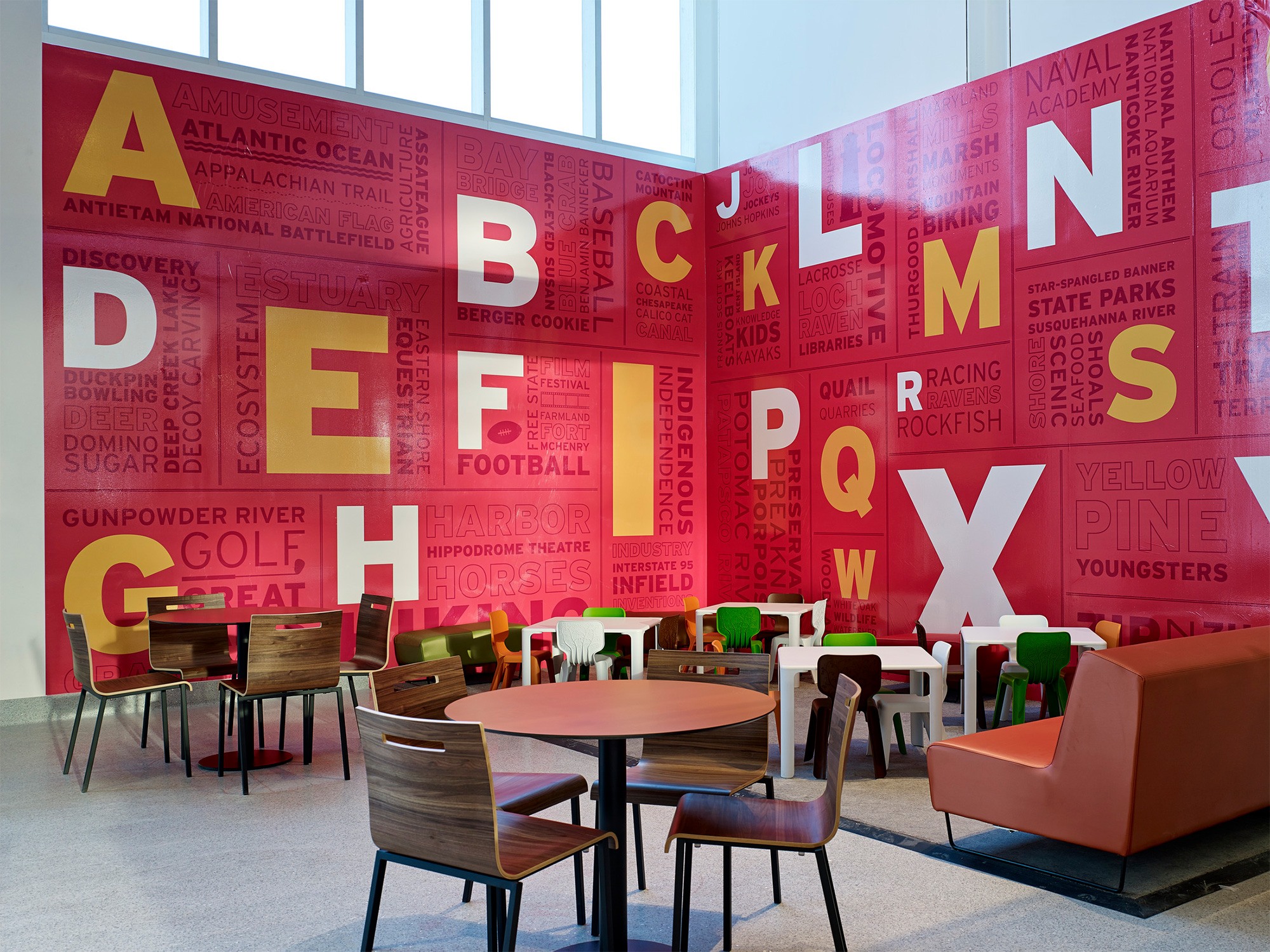 Environmental graphic design and word wall for the kids’ area of the Maryland House Travel Plaza...