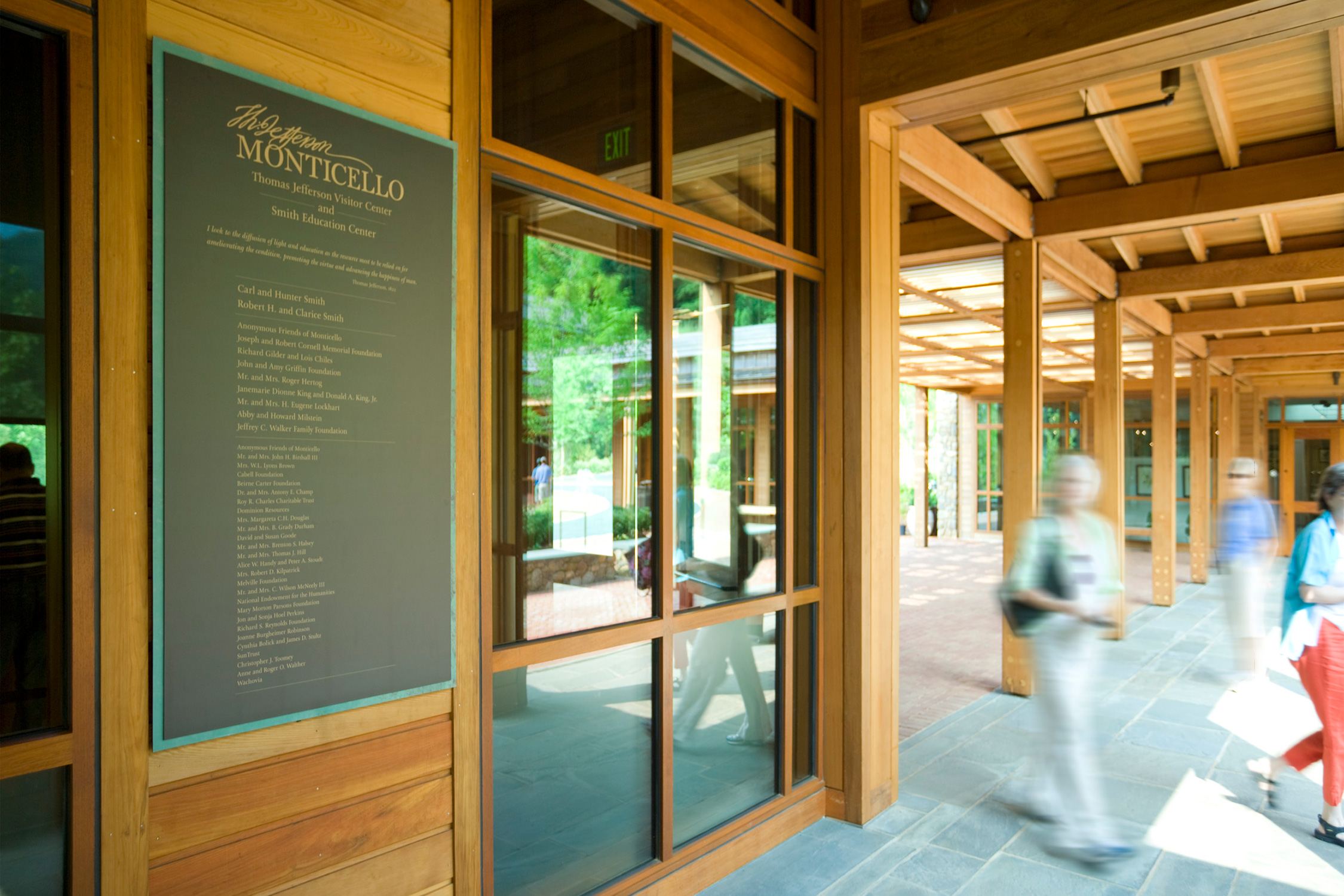 Metal donor plaque bordered in bronze near entrance of the Thomas Jefferson’s Visitor Center and...