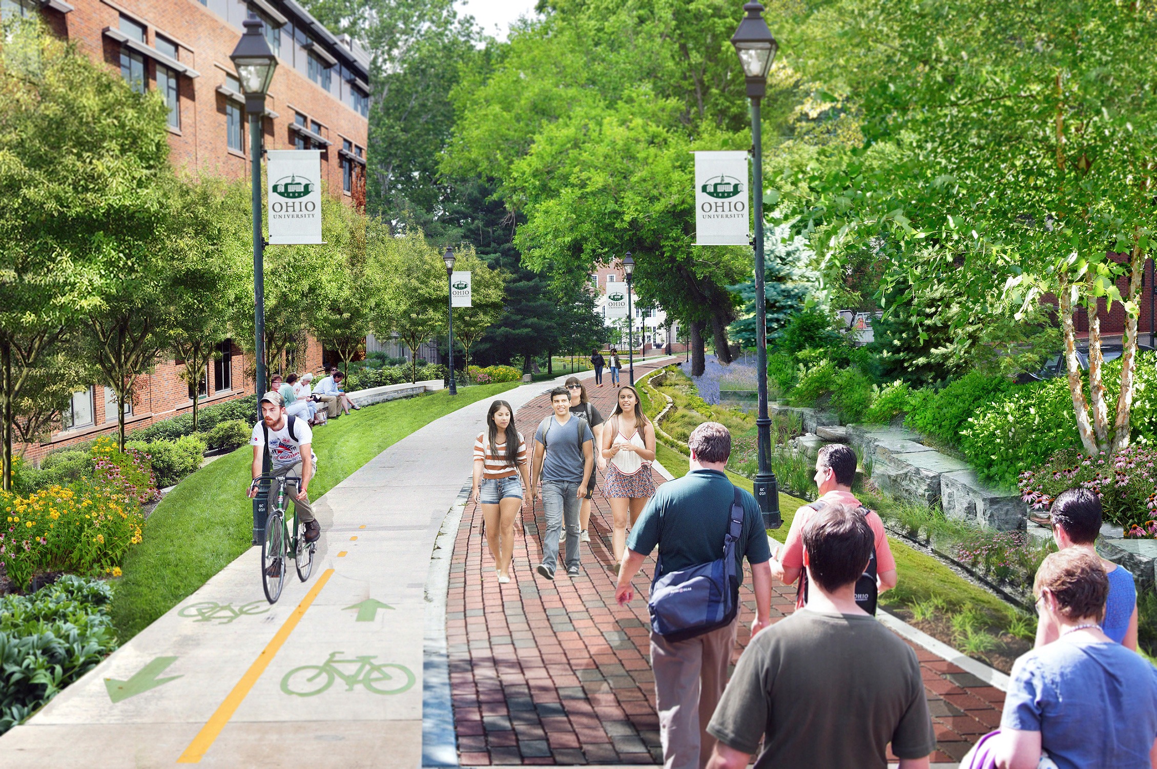 Rendering of a proposed multi-modal path and addition to a laboratory building as part of the campus...