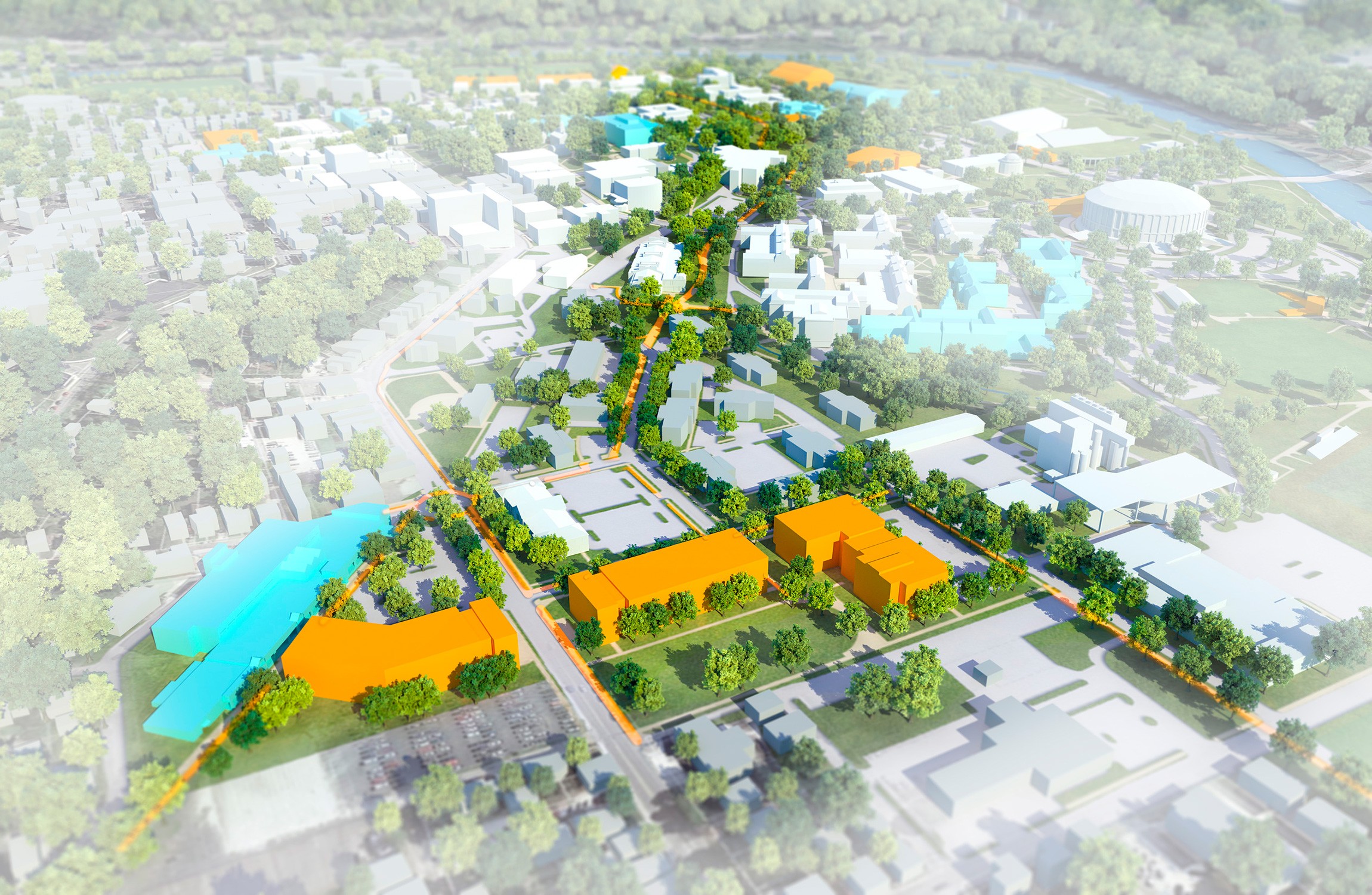 Bird's eye rendering of the Union Street Green gateway as part of the campus master plan for Ohio...