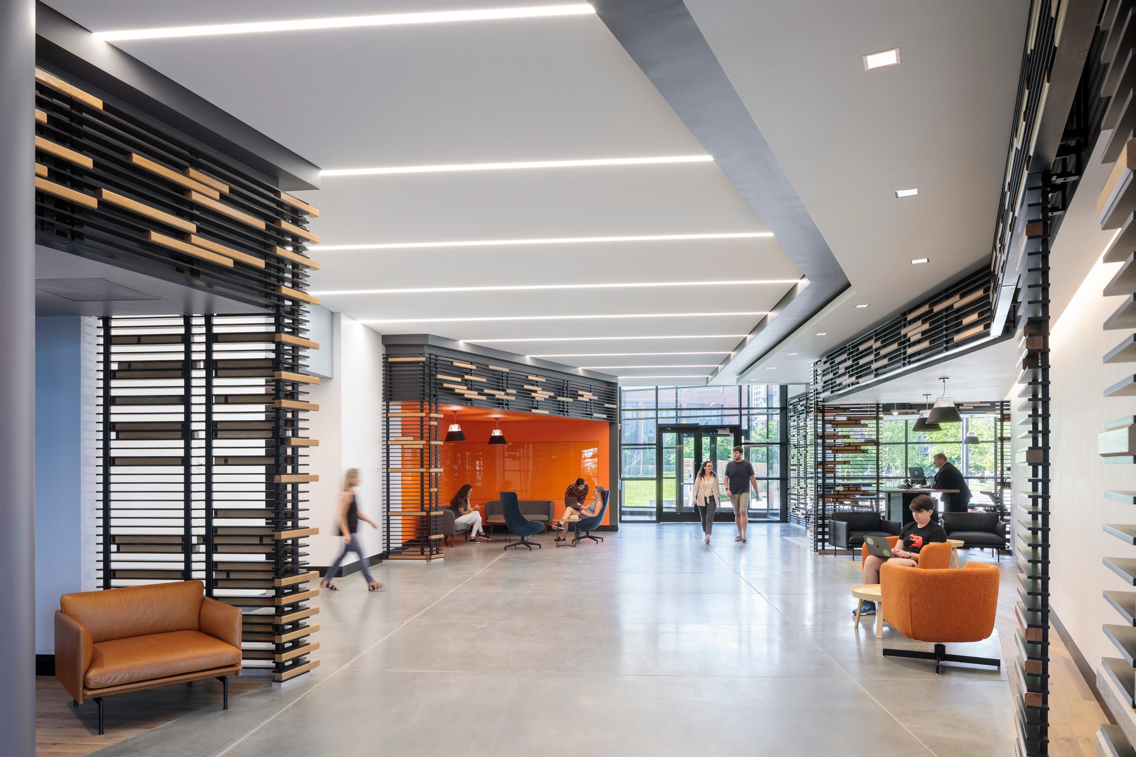 Interior lobby space of Point225 at the Providence Innovation and Design District featuring collaboration...